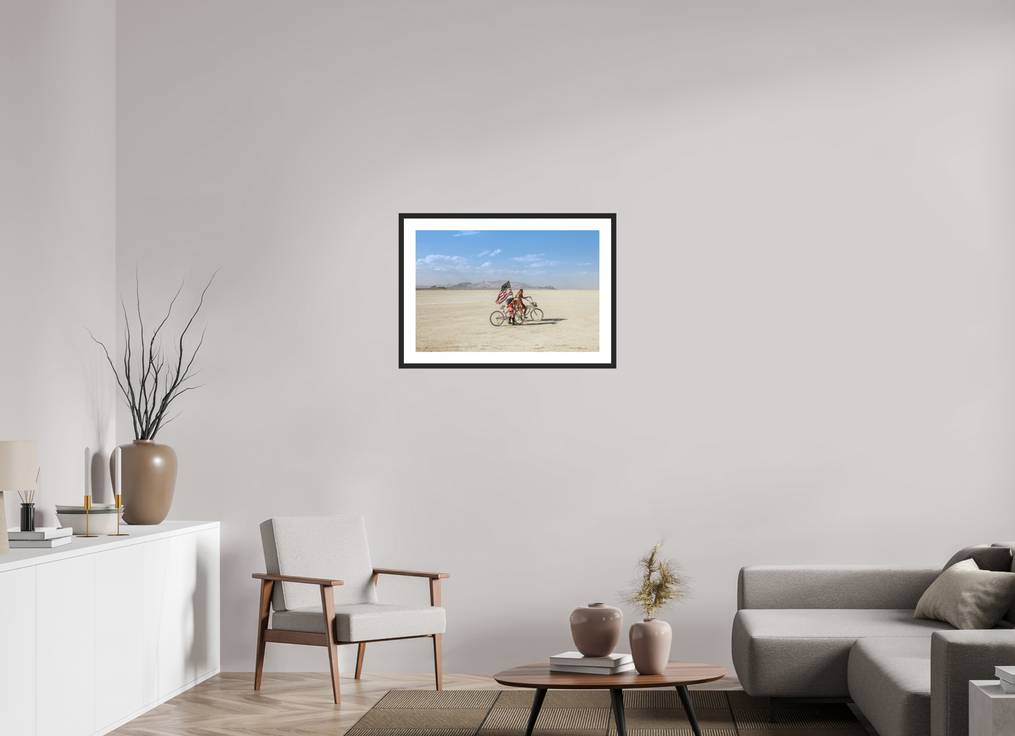 30 x 20″, Solid 0.8" Black Wood Frame With 2" Natural White Passe-Partout with Museum Glass Burning Man - Two with Bikes and USA Flag