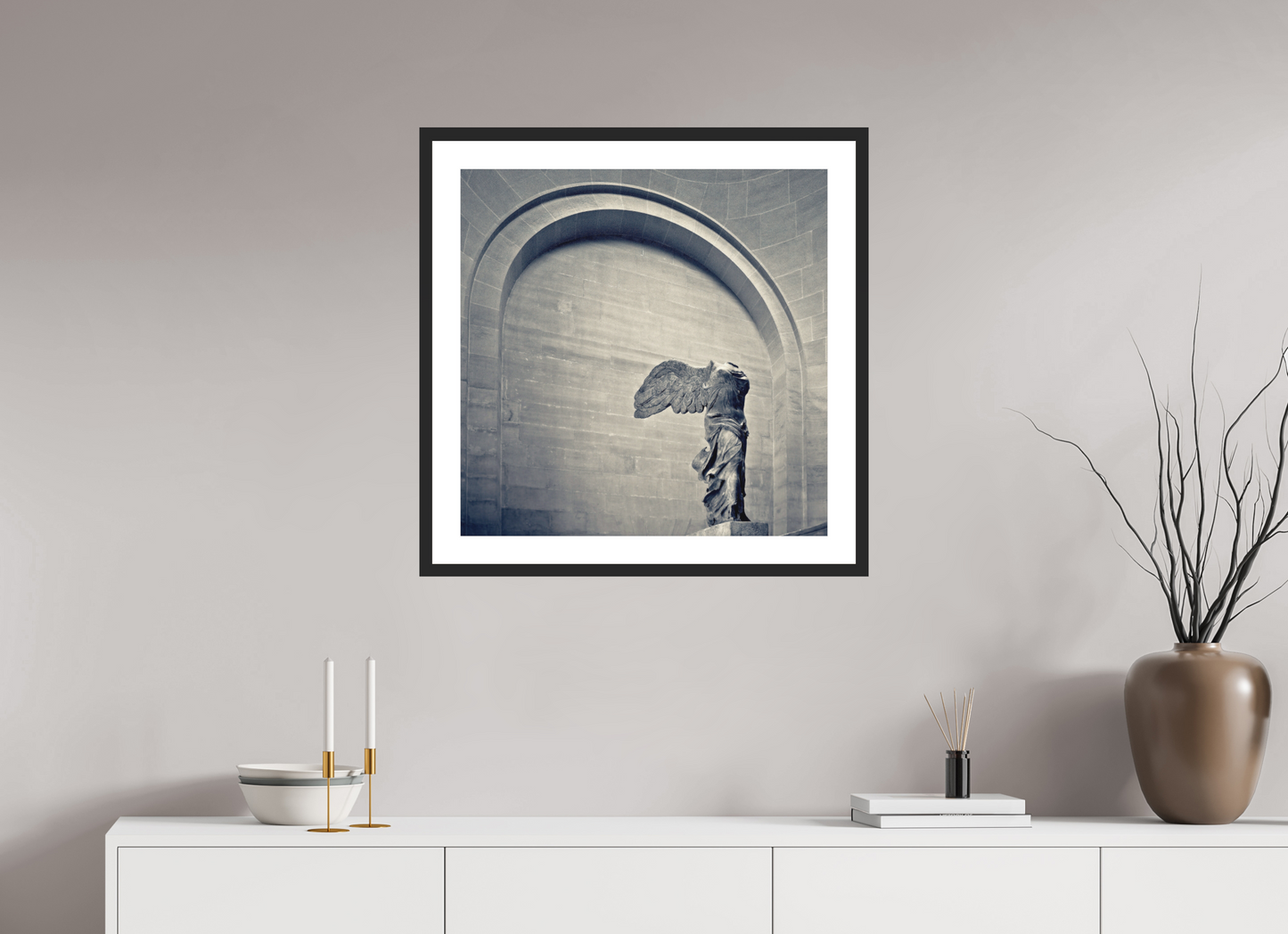 25 x 25″, Solid 0.8" Black Wood Frame With 2" Natural White Passe-Partout with Museum Glass Winged Victory of Samothrace