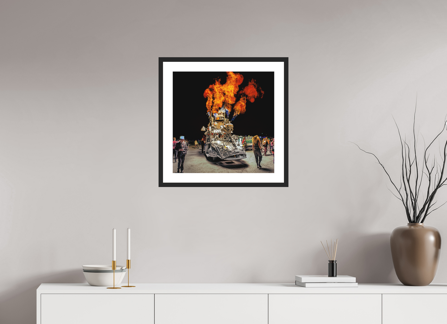 20 x 20″, Solid 0.8" Black Wood Frame With 2" Natural White Passe-Partout with Museum Glass Burning Man - Art Car with Flames (square format)