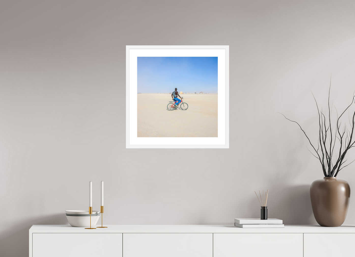 20 x 20″, Solid 0.8" White Wood Frame With 2" Natural White Passe-Partout with Museum Glass Burning Man - Man on Red Bike