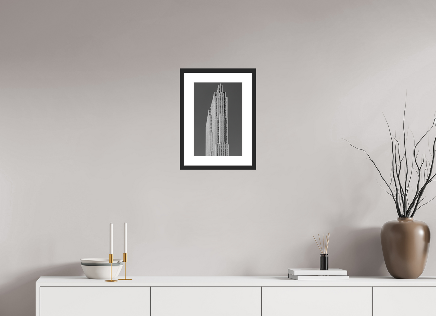 10 x 15″, Solid 0.8" Black Wood Frame With 2" Natural White Passe-Partout with Museum Glass Rockefeller Center