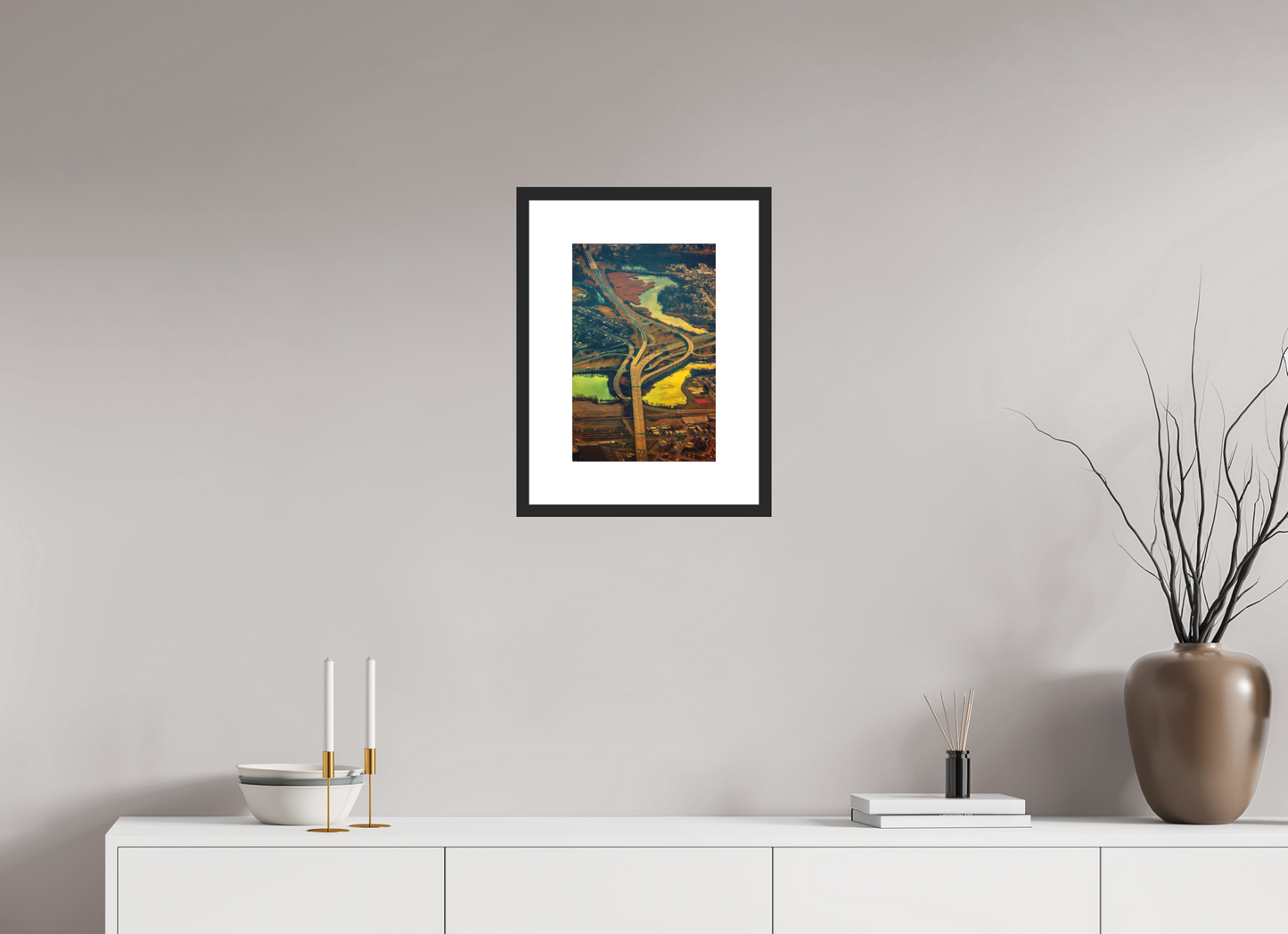 10 x 15″, Solid 0.8" Black Wood Frame With 3" Natural White Passe-Partout with Museum Glass Aerial View of Highway