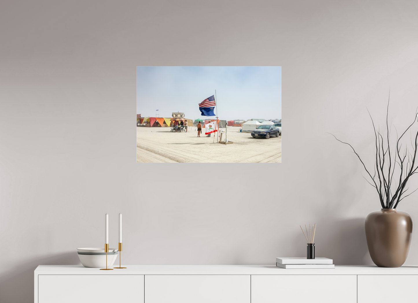 30 x 20″, Photo Print Under Acrylic Glass Burning Man - Two Flags