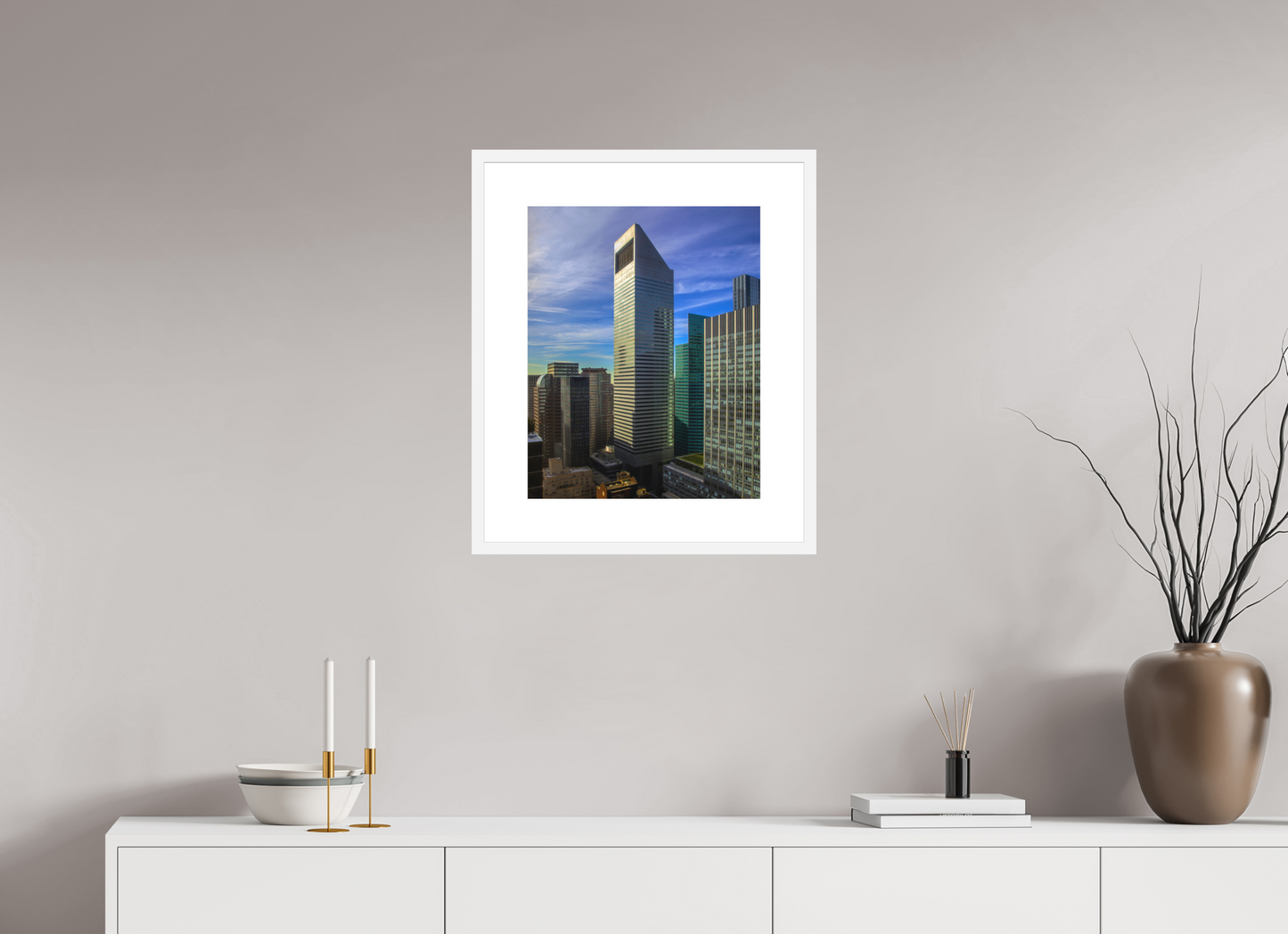 16 x 20″, Solid 0.8" White Wood Frame With 3" Natural White Passe-Partout with Museum Glass CitiCorp Tower