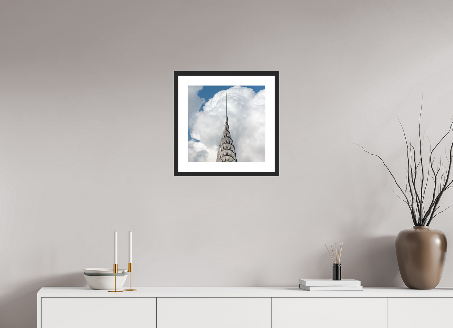 15 x 15″, Solid 0.8" Black Wood Frame With 2" Natural White Passe-Partout with Museum Glass Chrysler Building with Clouds
