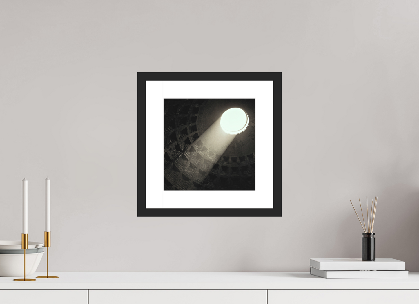 10 x 10″, Solid 0.8" Black Wood Frame With 2" Natural White Passe-Partout with Museum Glass Pantheon Ceiling