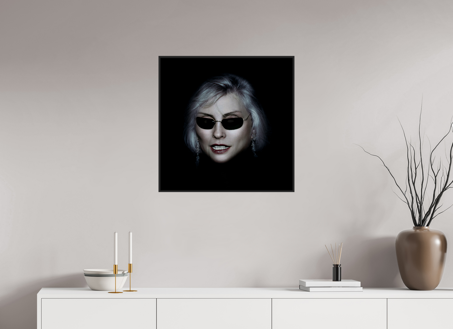 25 x 25″, Black Matte Frame, No Border Debbie Harry Wearing Glasses