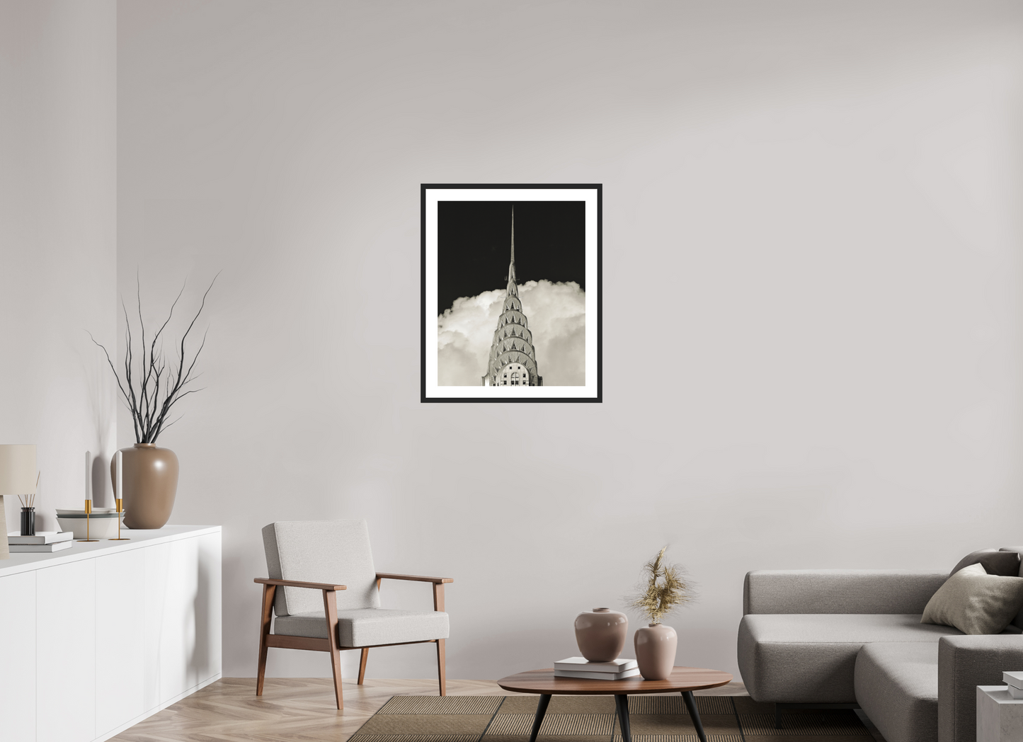24 x 30″, Solid 0.8" Black Wood Frame With 2" Natural White Passe-Partout with Museum Glass Chrysler Building Against Clouds