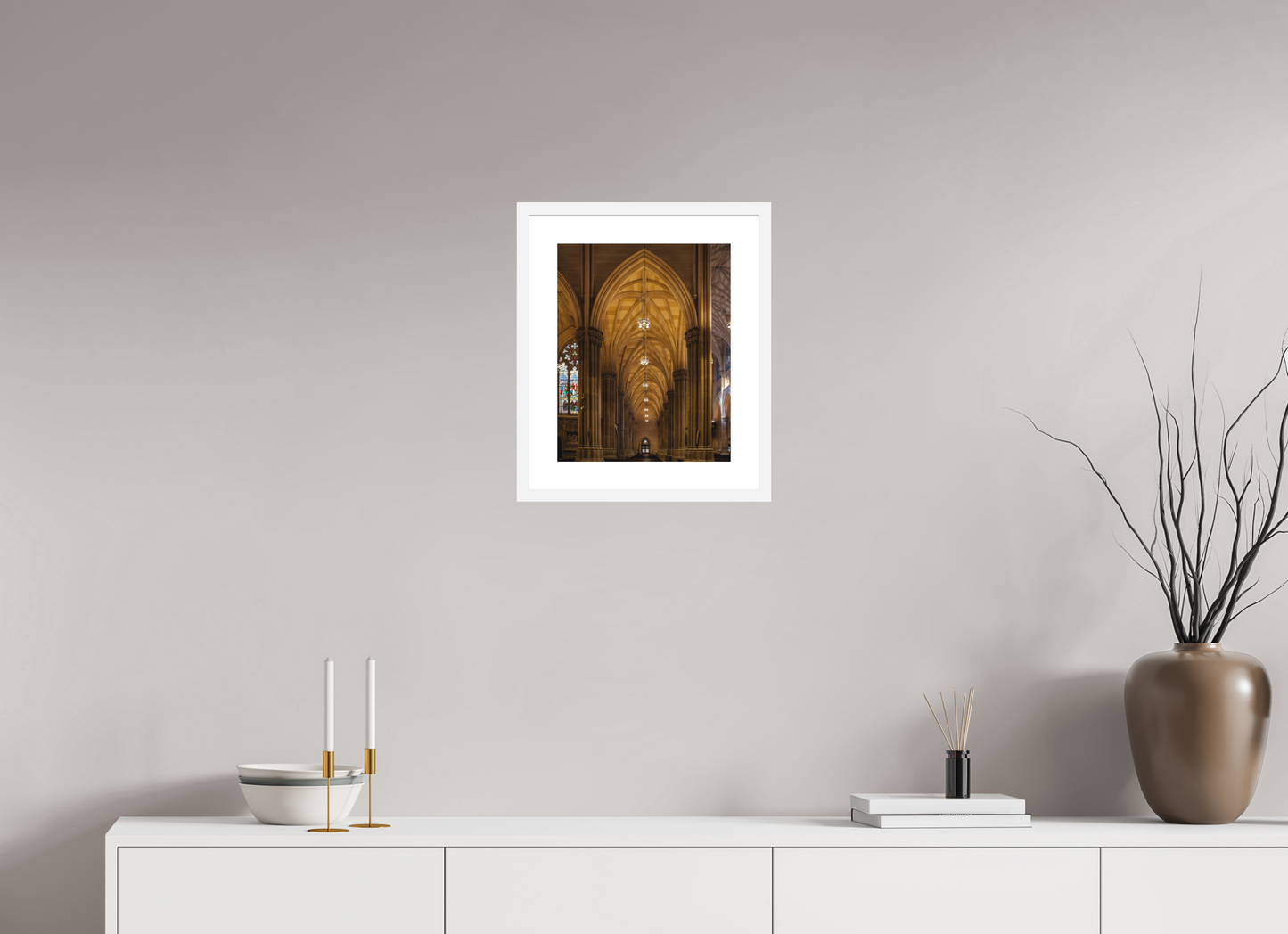 12 x 15″, Solid 0.8" White Wood Frame With 2" Natural White Passe-Partout with Museum Glass Gothic Archway, St. Patrick's Cathedral