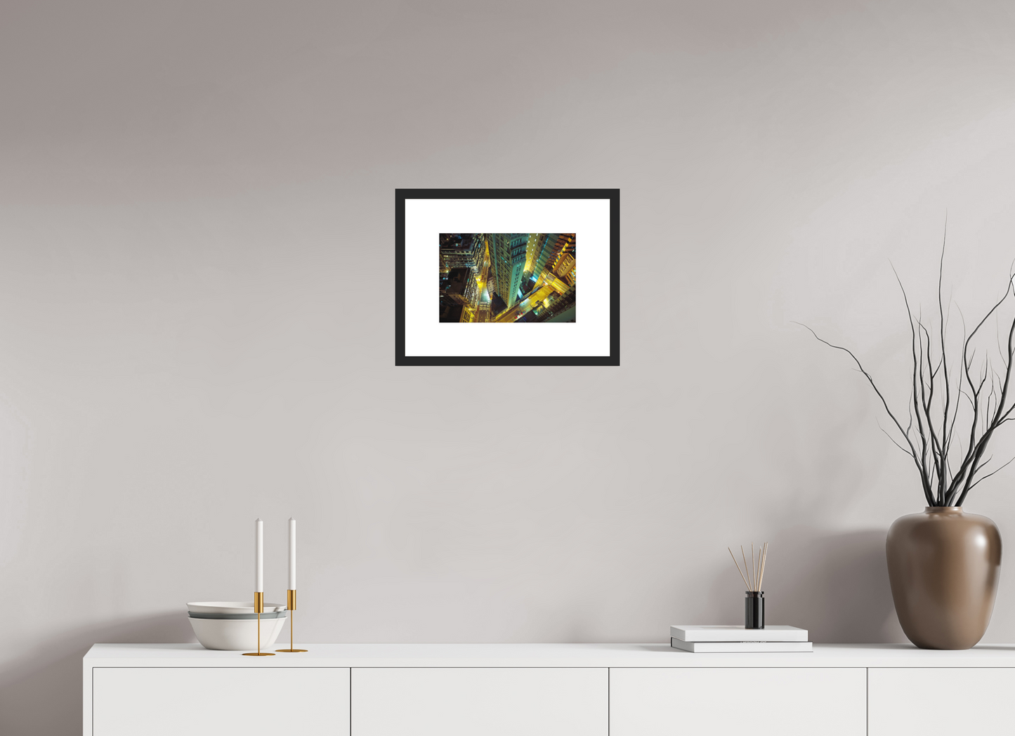 12 x 8″, Solid 0.8" Black Wood Frame With 3" Natural White Passe-Partout with Museum Glass Downtown Hong Kong