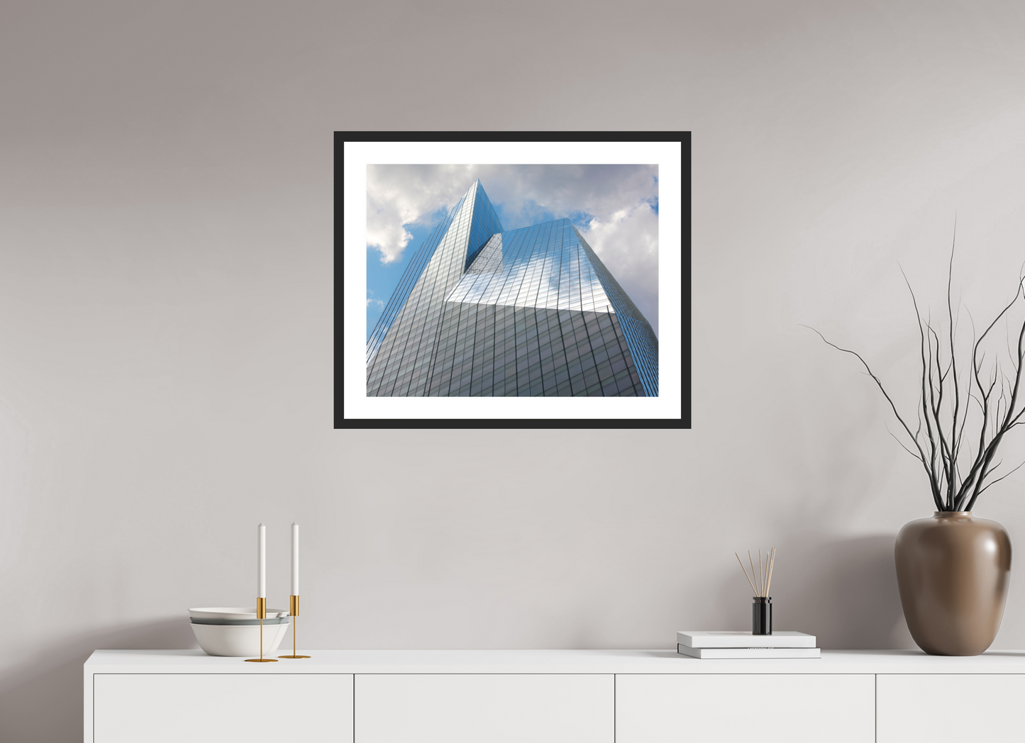 25 x 20″, Solid 0.8" Black Wood Frame With 2" Natural White Passe-Partout with Museum Glass Bank of America Tower