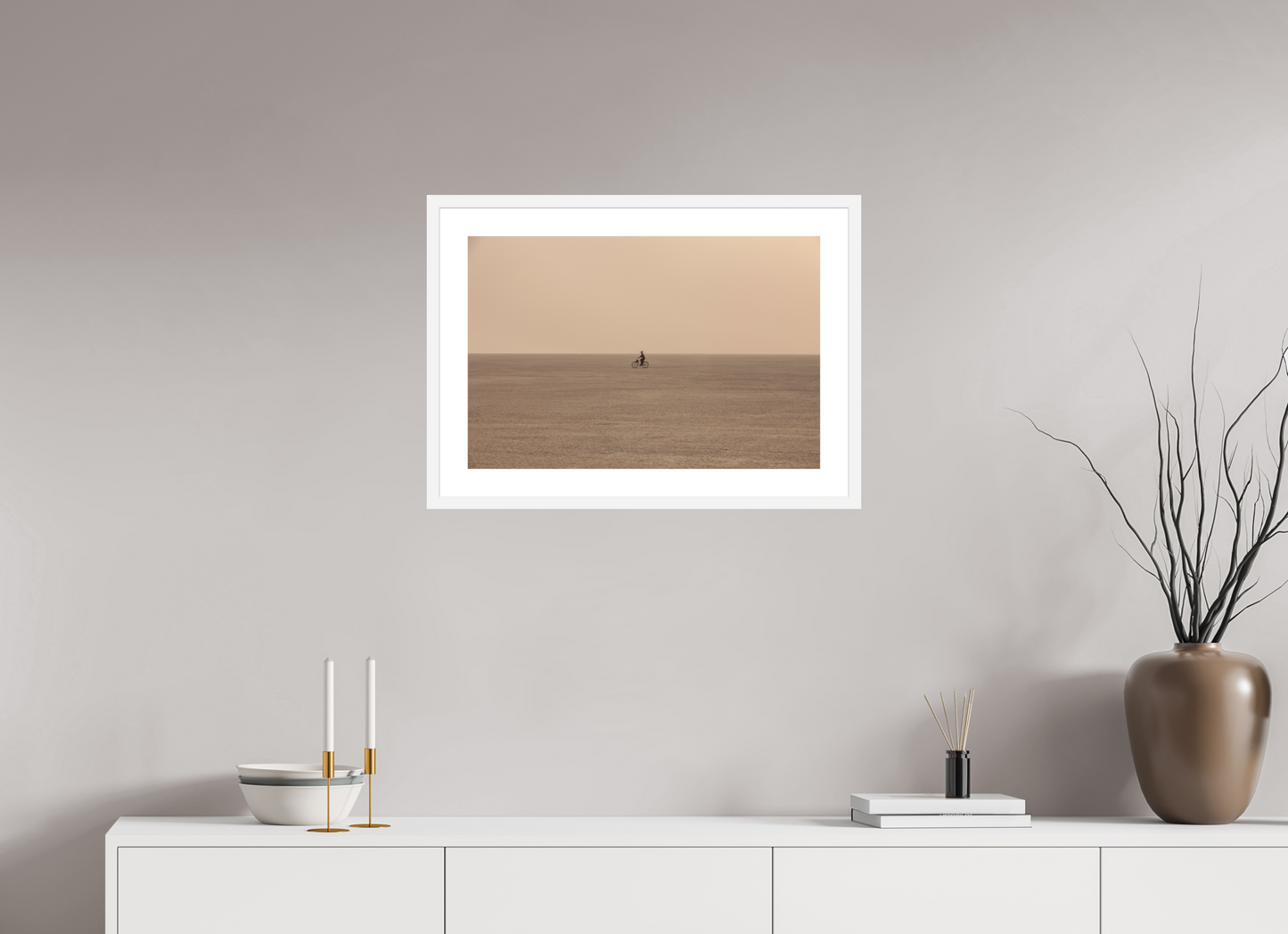 24 x 16″, Solid 0.8" White Wood Frame With 2" Natural White Passe-Partout with Museum Glass Burning Man - Woman on Bike