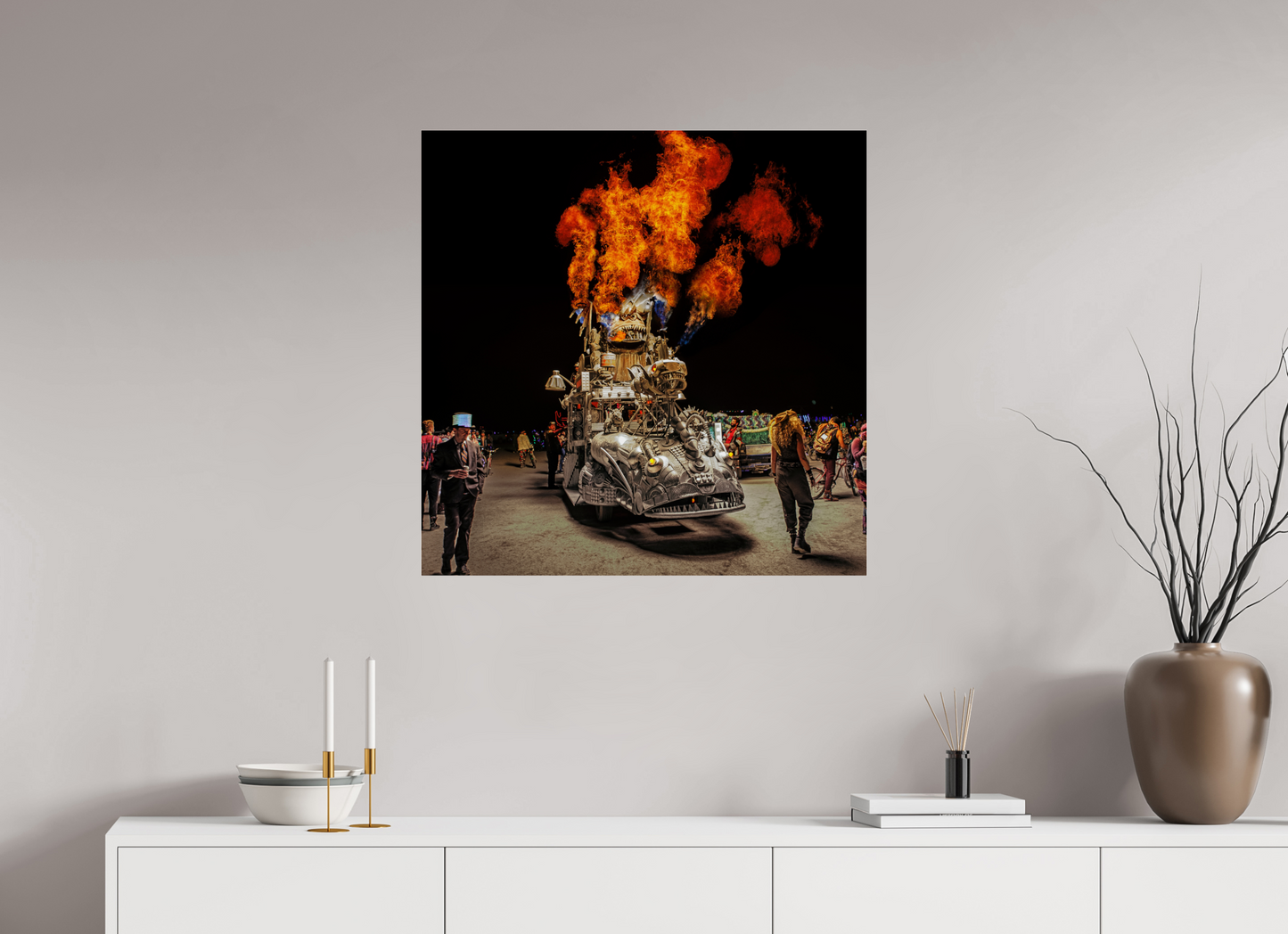 30 x 30″, Frameless Acrylic Glass Burning Man - Art Car with Flames