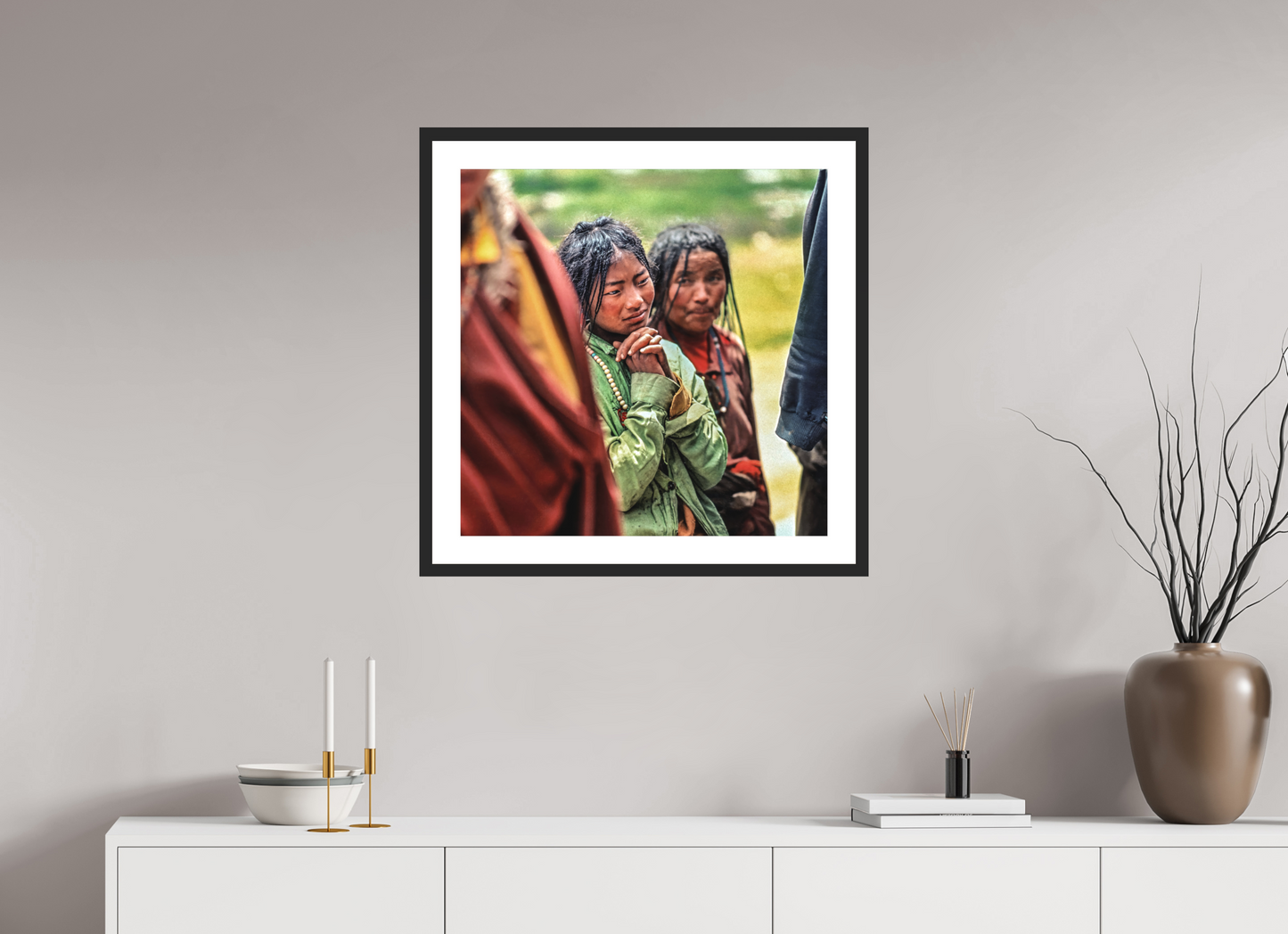 25 x 25″, Solid 0.8" Black Wood Frame With 2" Natural White Passe-Partout with Museum Glass Tibetan Girl in Green Jacket (square format)