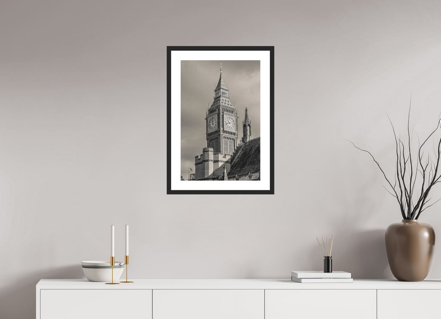 16 x 24″, Solid 0.8" Black Wood Frame With 2" Natural White Passe-Partout with Museum Glass Big Ben