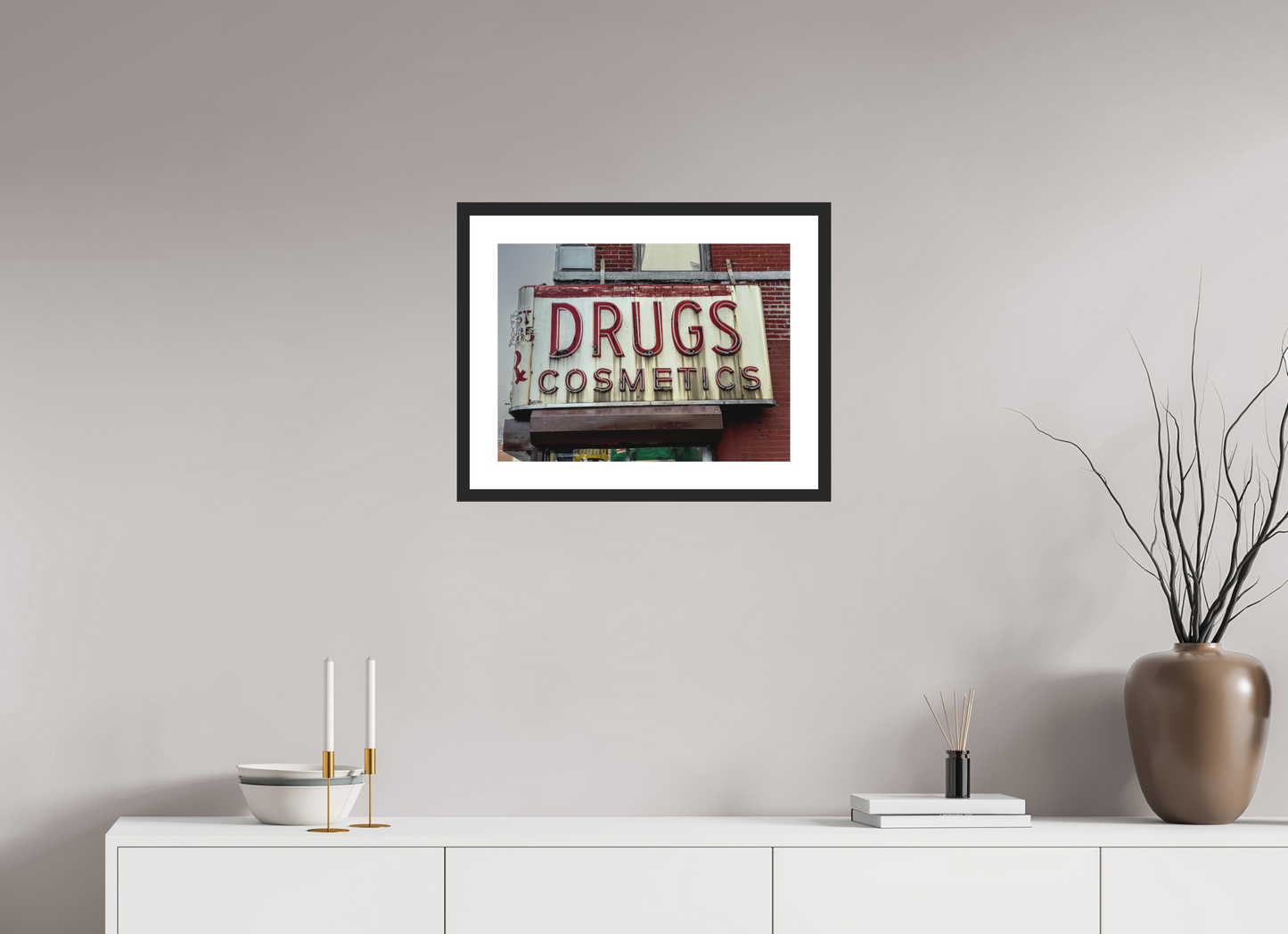 20 x 15″, Solid 0.8" Black Wood Frame With 2" Natural White Passe-Partout with Museum Glass Drug Cosmetics Sign