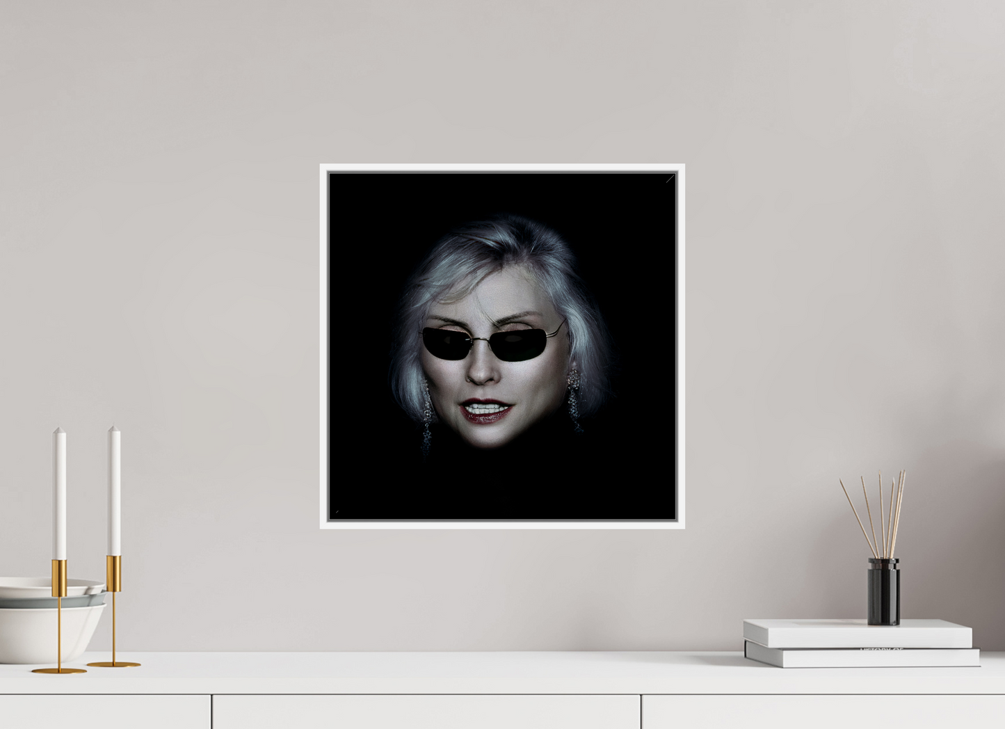 15 x 15″, White Matte Frame, No Border Debbie Harry Wearing Glasses