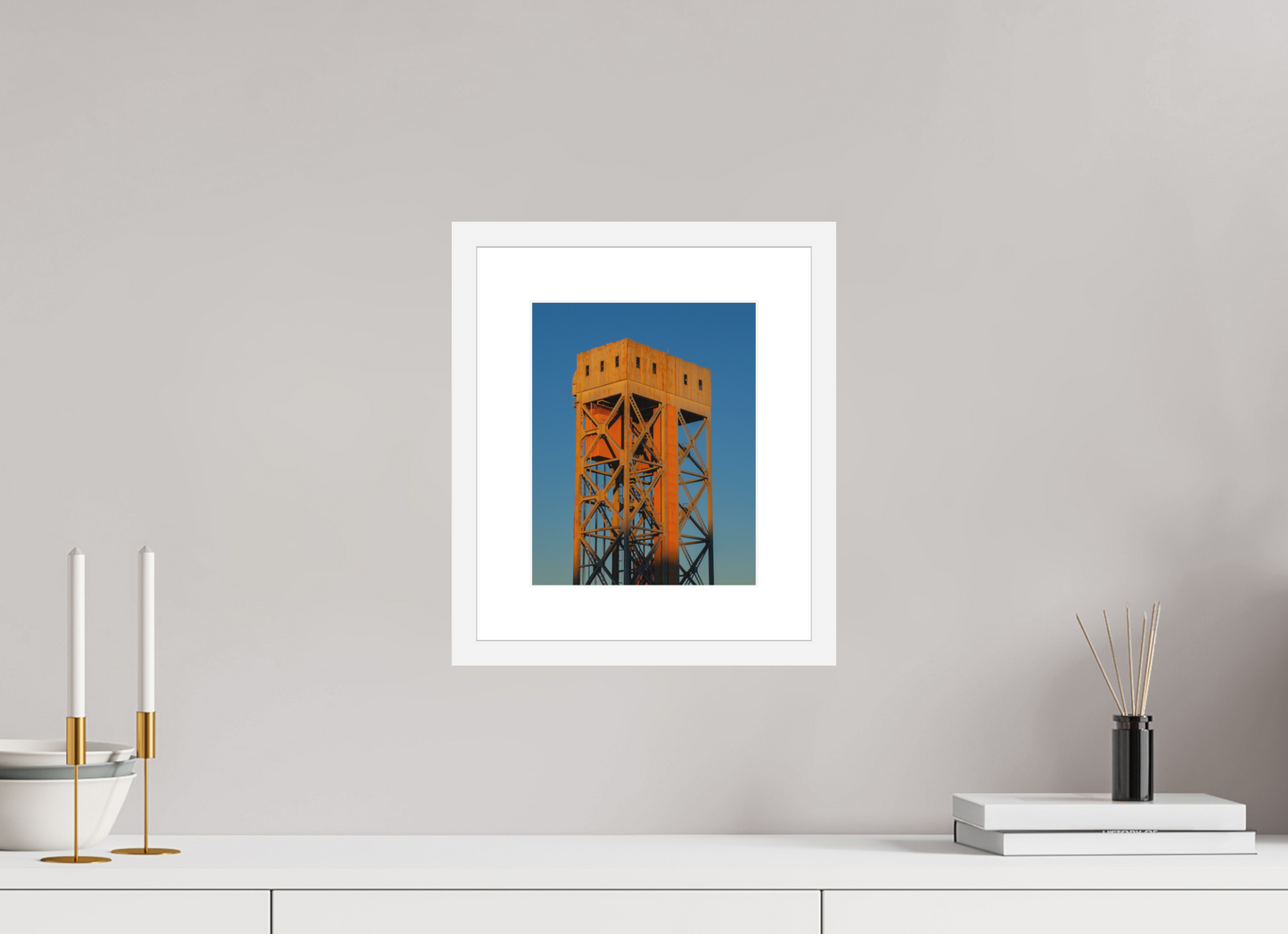 8 x 10″, Solid 0.8" White Wood Frame With 2" Natural White Passe-Partout with Museum Glass Rusty Work Building