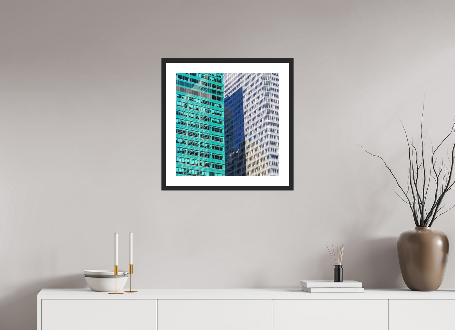 20 x 20″, Solid 0.8" Black Wood Frame With 2" Natural White Passe-Partout with Museum Glass Green and White Office Buildings