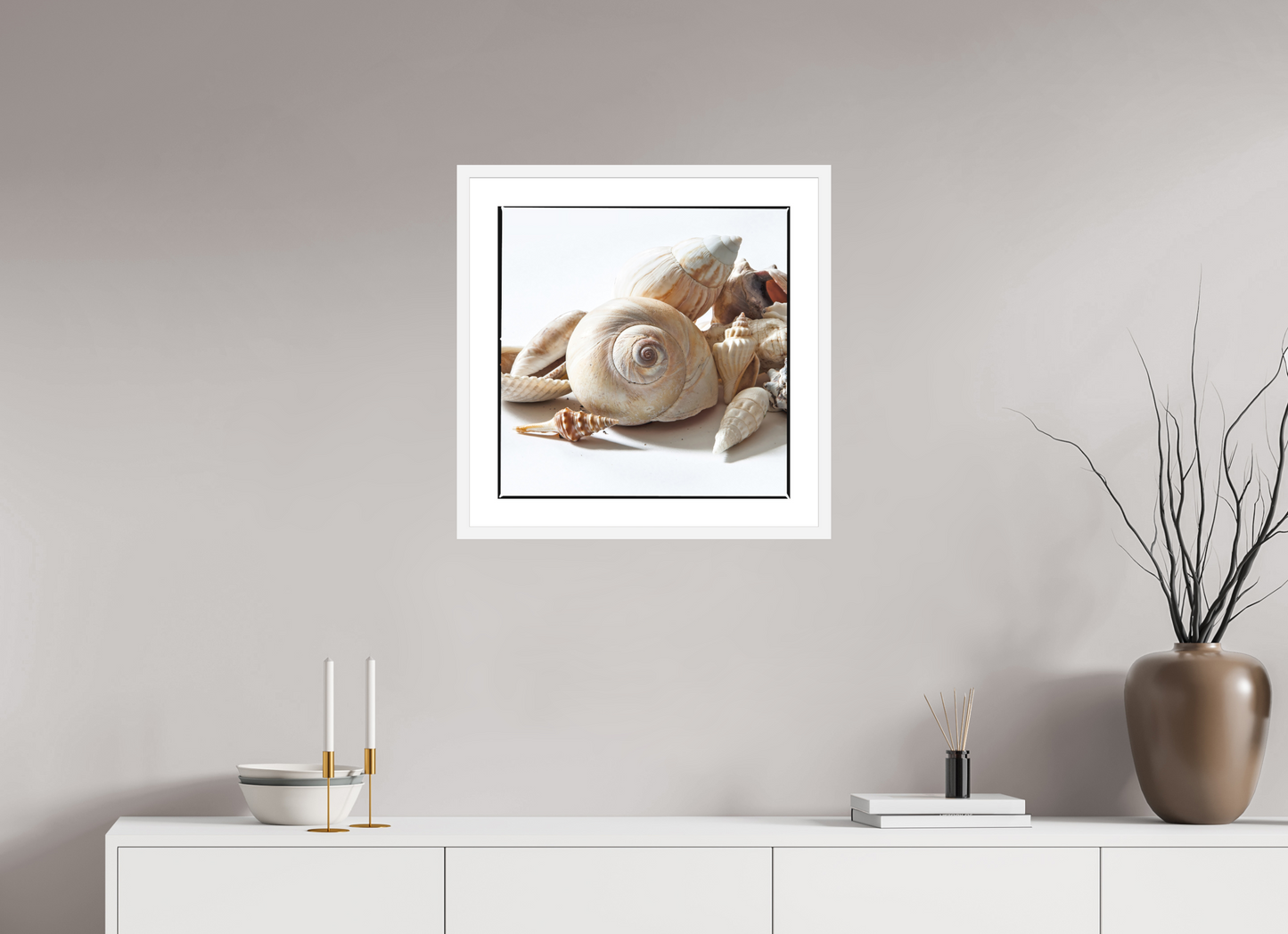 20 x 20″, Solid 0.8" White Wood Frame With 2" Natural White Passe-Partout with Museum Glass Sea Shells