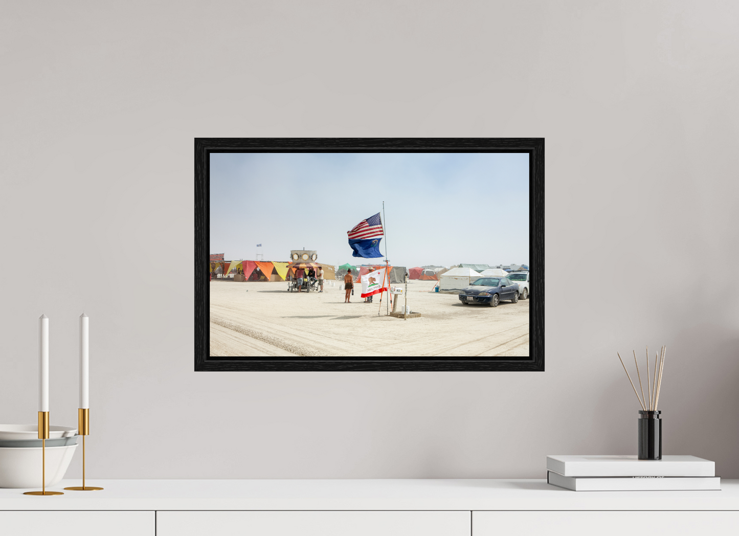 18.9 x 12″, Floater Frame Burning Man - Woman and Flags