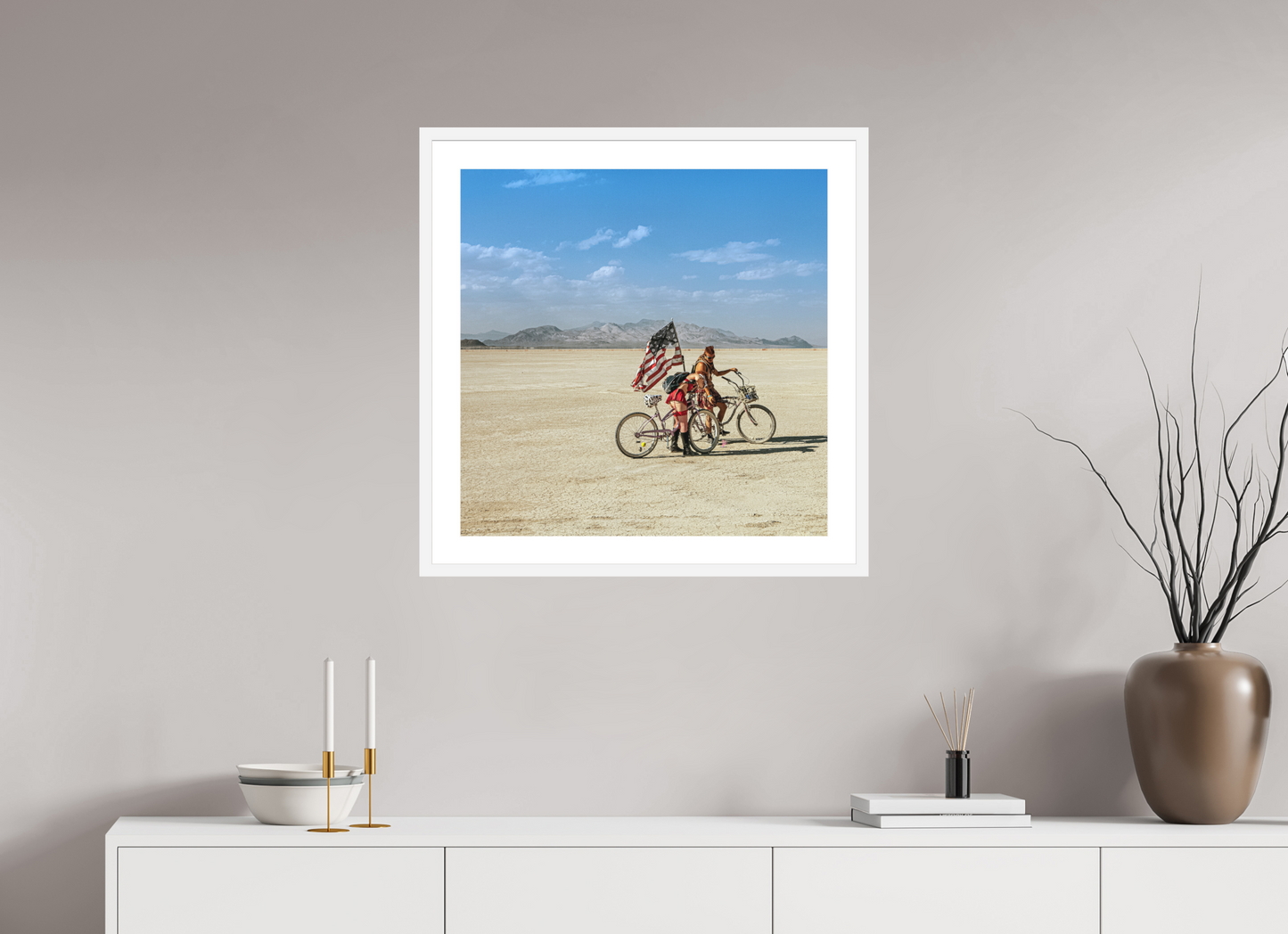 25 x 25″, Solid 0.8" White Wood Frame With 2" Natural White Passe-Partout with Museum Glass Burning Man - Two with Bikes and USA Flag (square format)