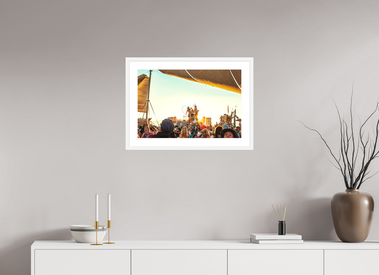 24 x 16″, Solid 0.8" White Wood Frame With 2" Natural White Passe-Partout with Museum Glass Burning Man - Gathering