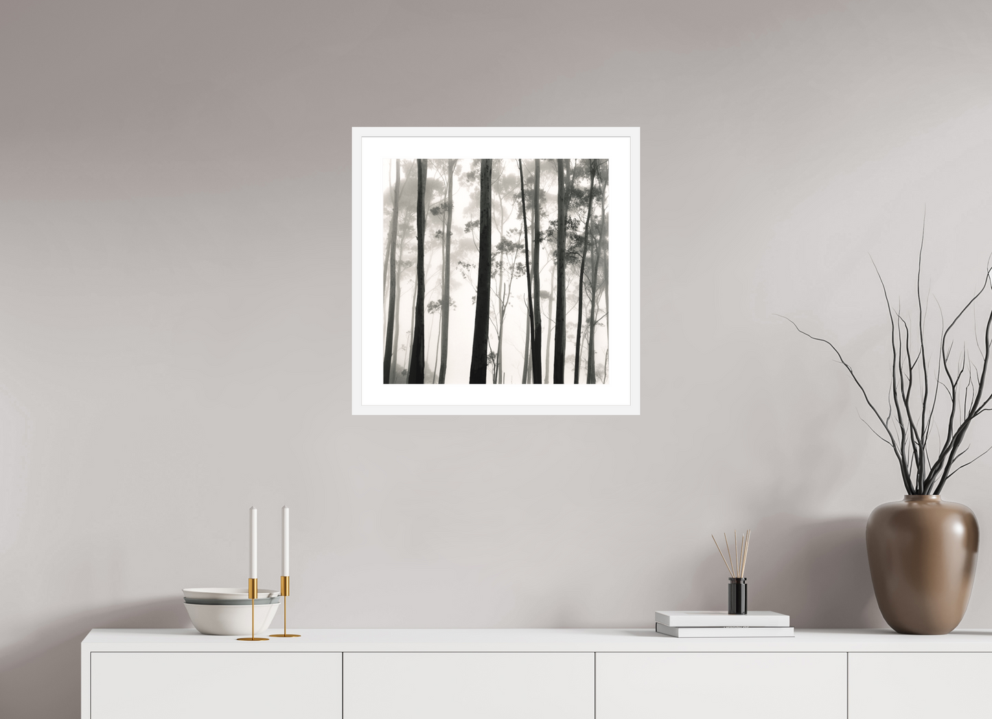 20 x 20″, Solid 0.8" White Wood Frame With 2" Natural White Passe-Partout with Museum Glass Tilba Tilba Trees, Austrailia