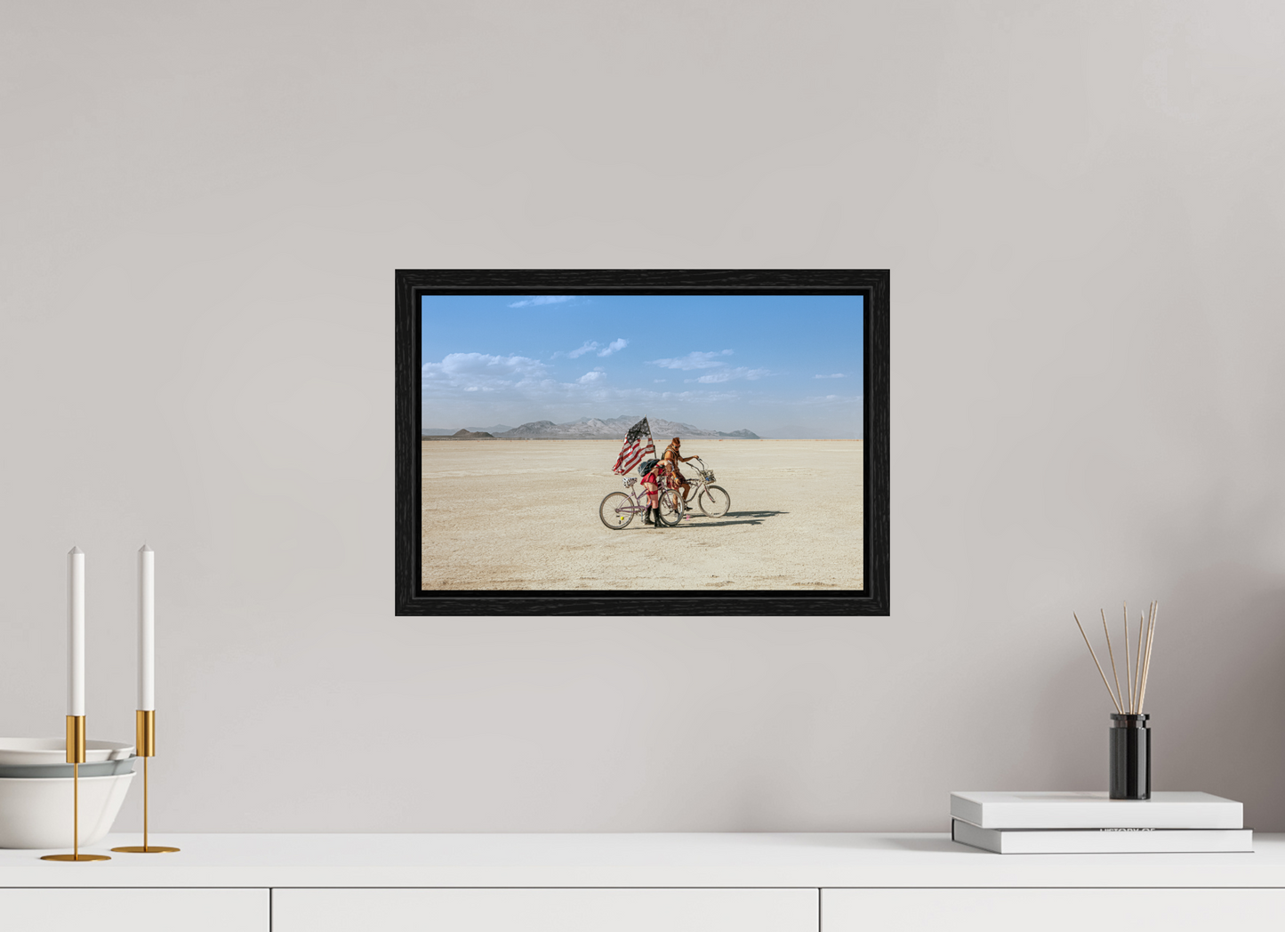 15 x 10″, Floater Frame Burning Man - Two with Bikes and USA Flag