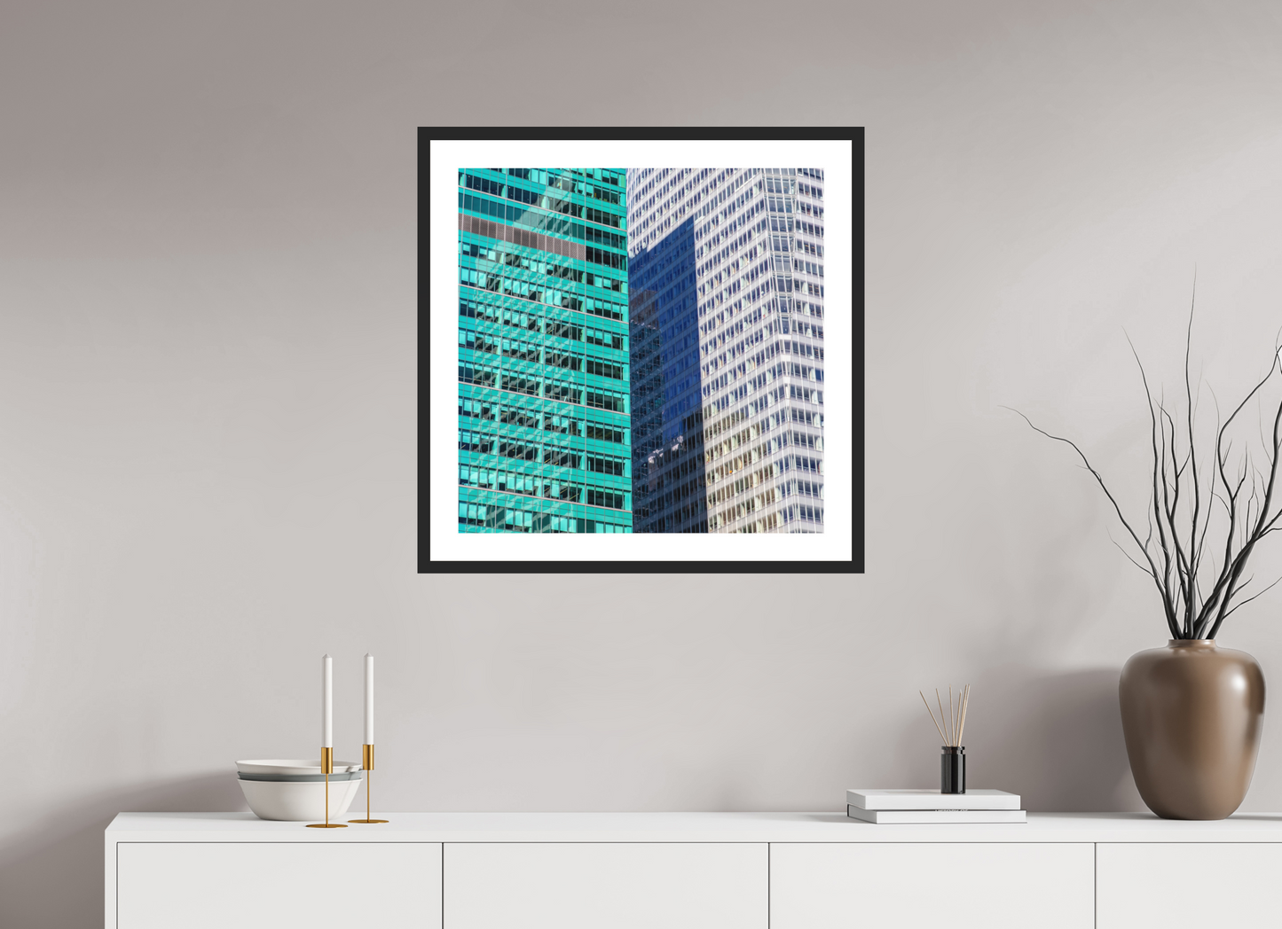 25 x 25″, Solid 0.8" Black Wood Frame With 2" Natural White Passe-Partout with Museum Glass Green and White Office Buildings