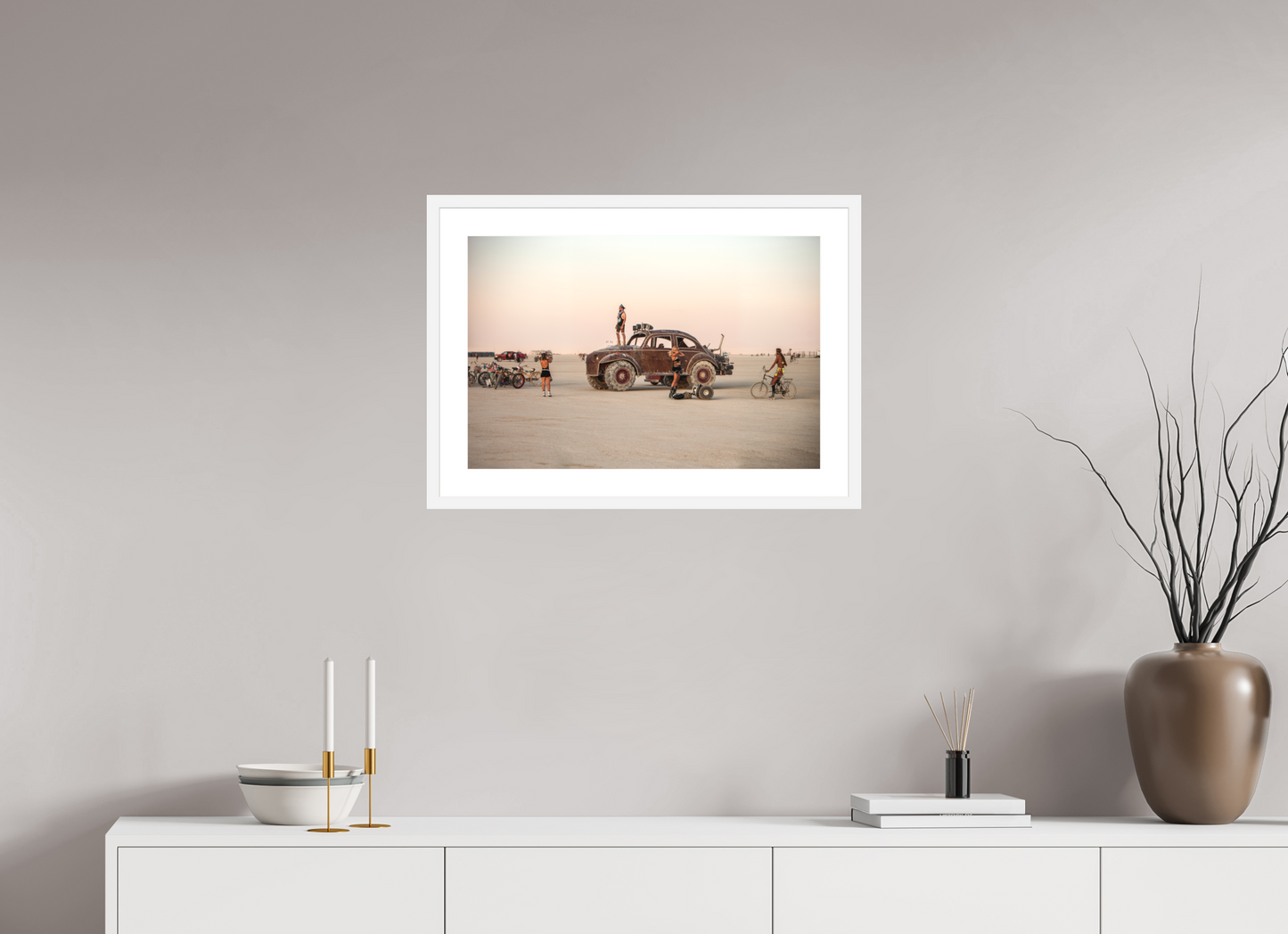 24 x 16″, Solid 0.8" White Wood Frame With 2" Natural White Passe-Partout with Museum Glass Burning Man - Art Car Large VW - Full Frame