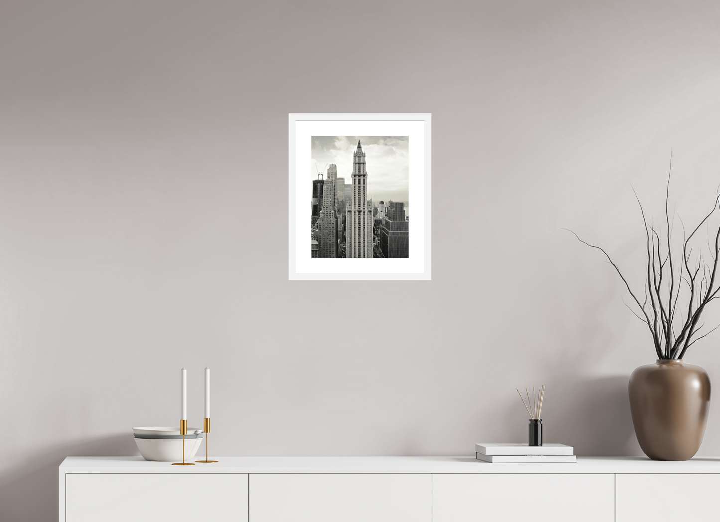 12 x 15″, Solid 0.8" White Wood Frame With 2" Natural White Passe-Partout with Museum Glass The Woolworth Building