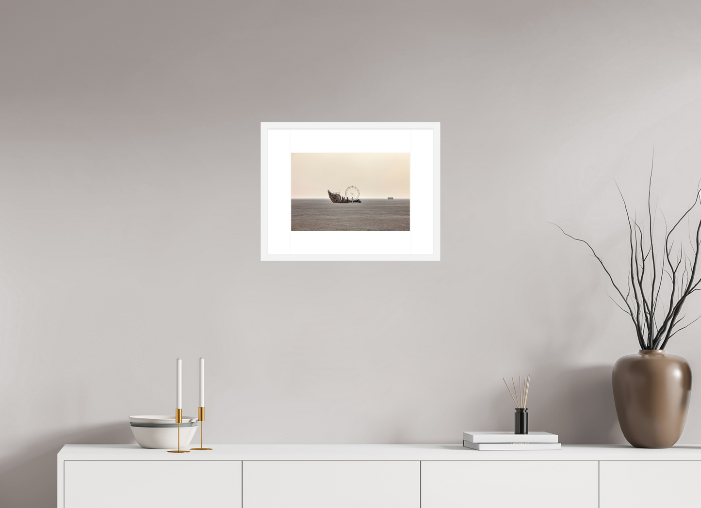 15 x 10″, Solid 0.8" White Wood Frame With 3" Natural White Passe-Partout with Museum Glass Burning Man