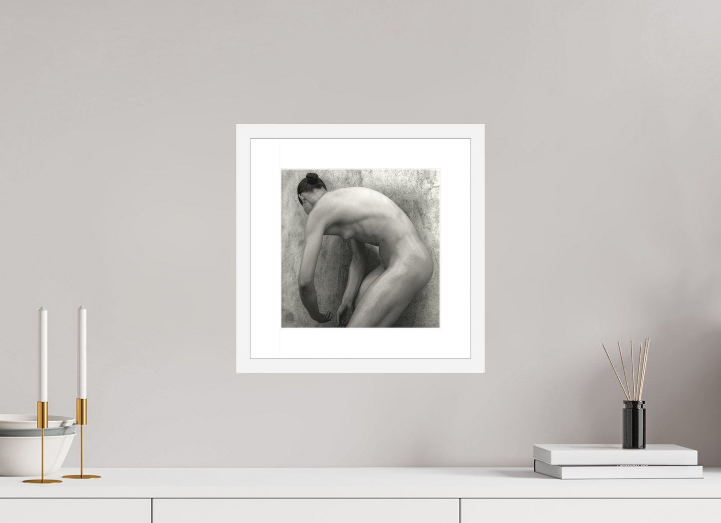 10 x 10″, Solid 0.8" White Wood Frame With 2" Natural White Passe-Partout with Museum Glass Nude No. 60 - square