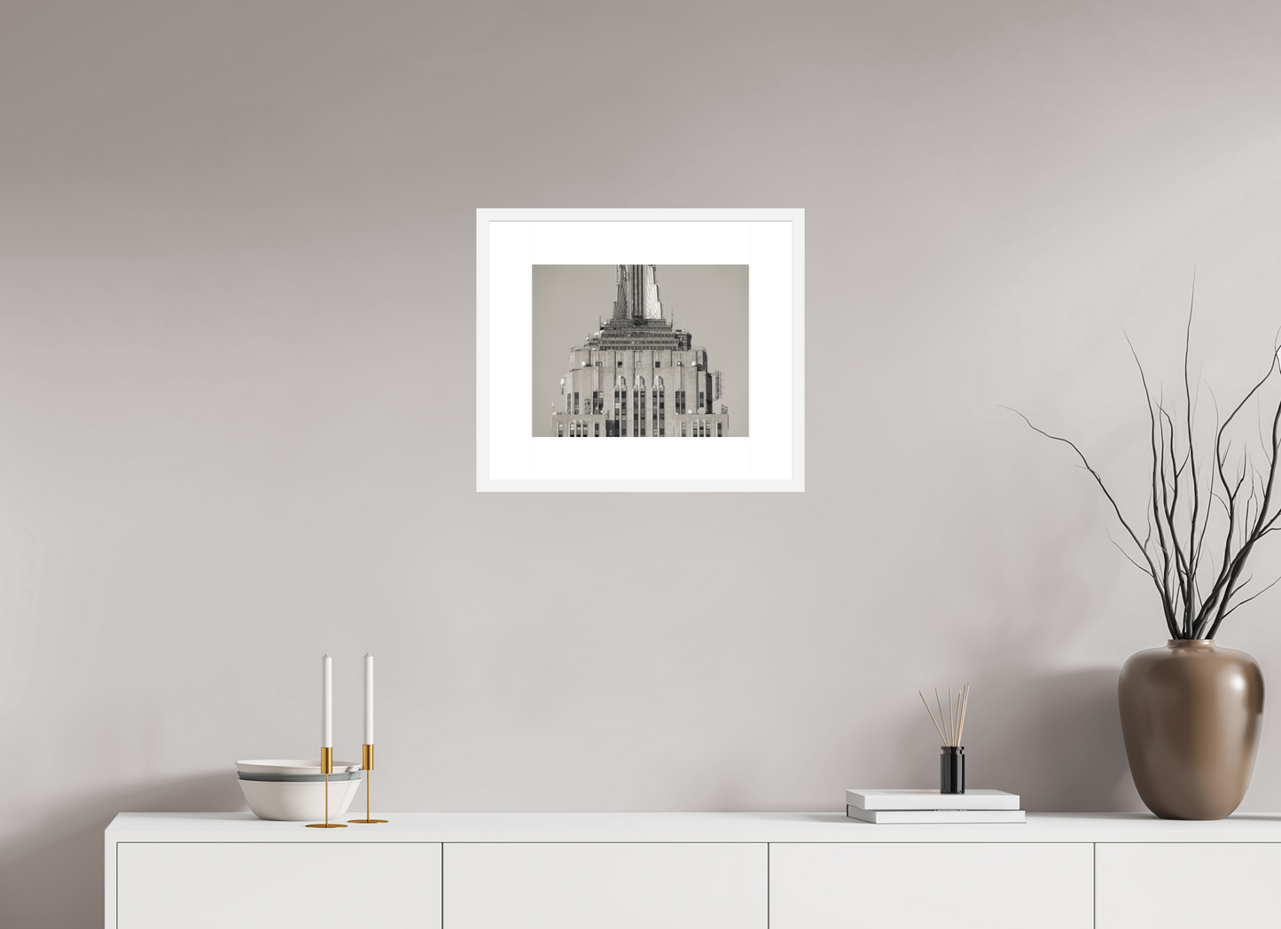 15 x 12″, Solid 0.8" White Wood Frame With 3" Natural White Passe-Partout with Museum Glass Top of the Empire State Building