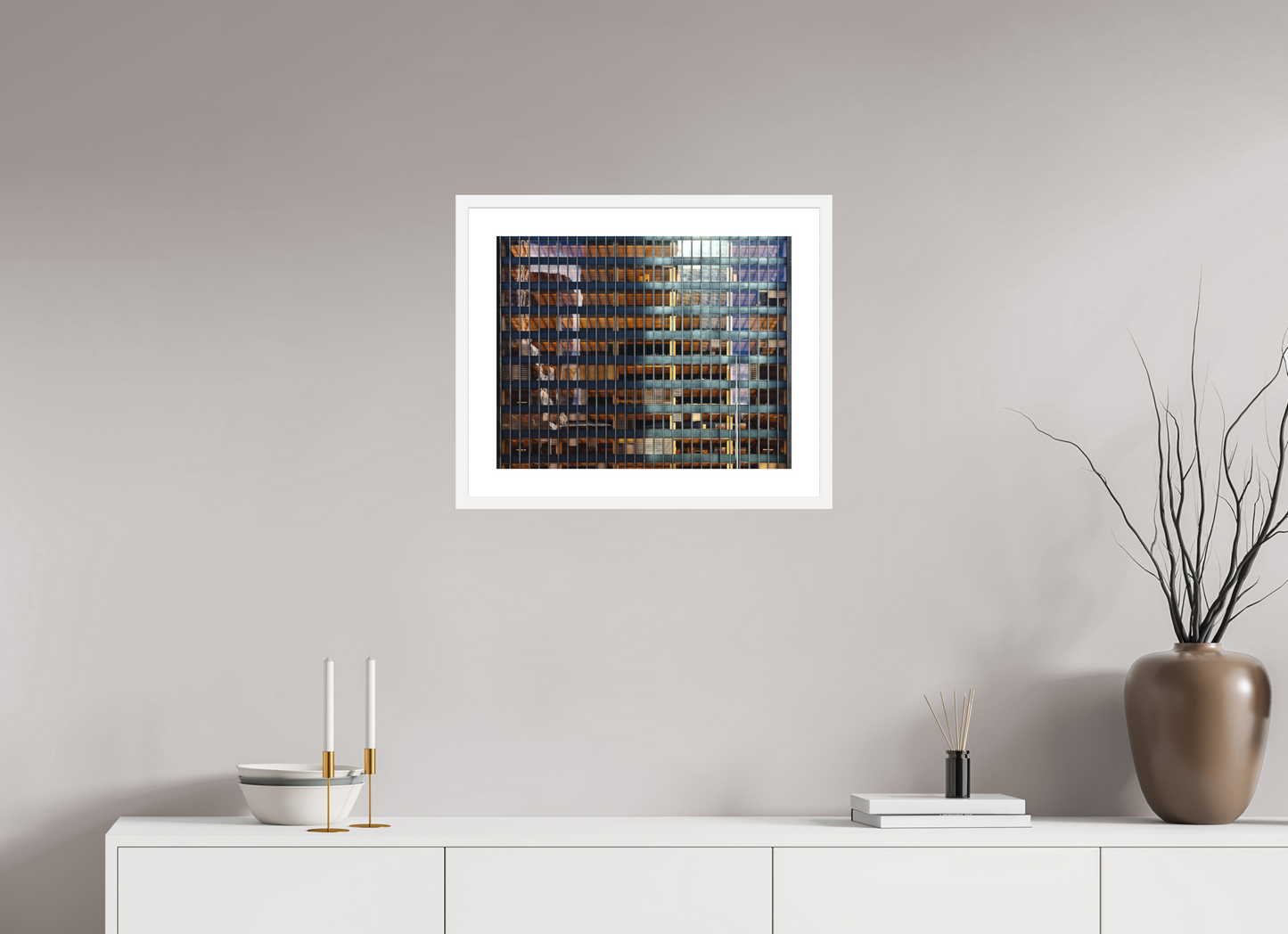 20.2 x 16″, Solid 0.8" White Wood Frame With 2" Natural White Passe-Partout with Museum Glass Seagram Building
