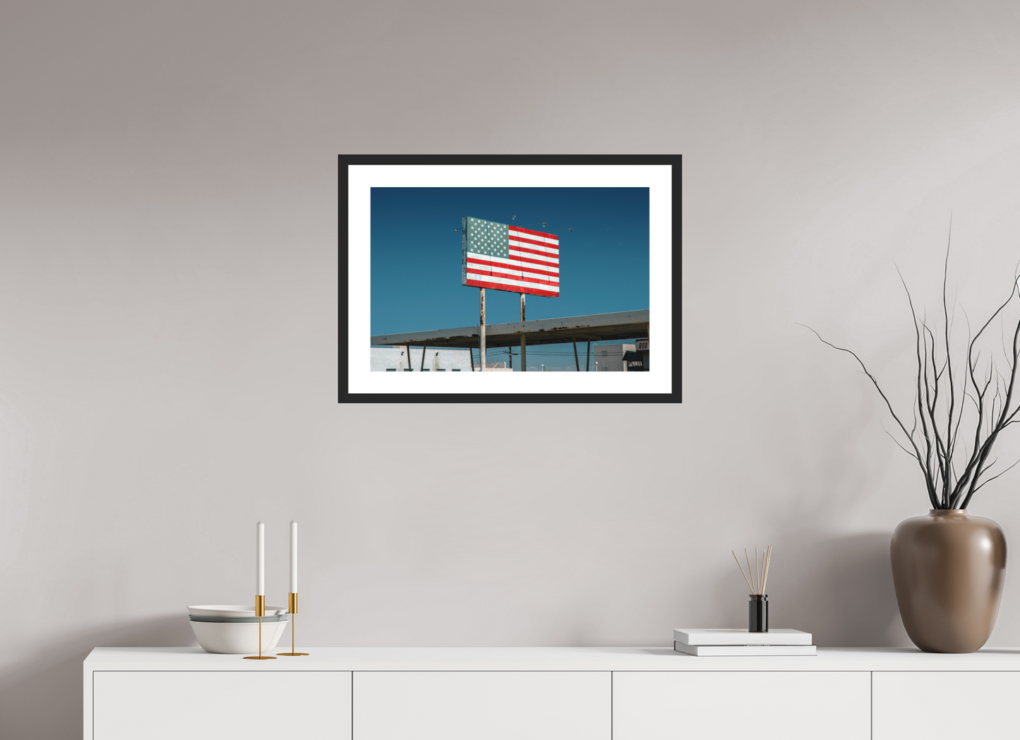 24 x 16″, Solid 0.8" Black Wood Frame With 2" Natural White Passe-Partout with Museum Glass USA Flag Sign