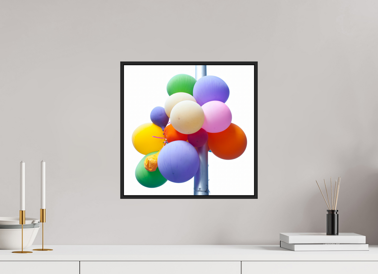 Colorful Ballons Tied to a Lamp Post