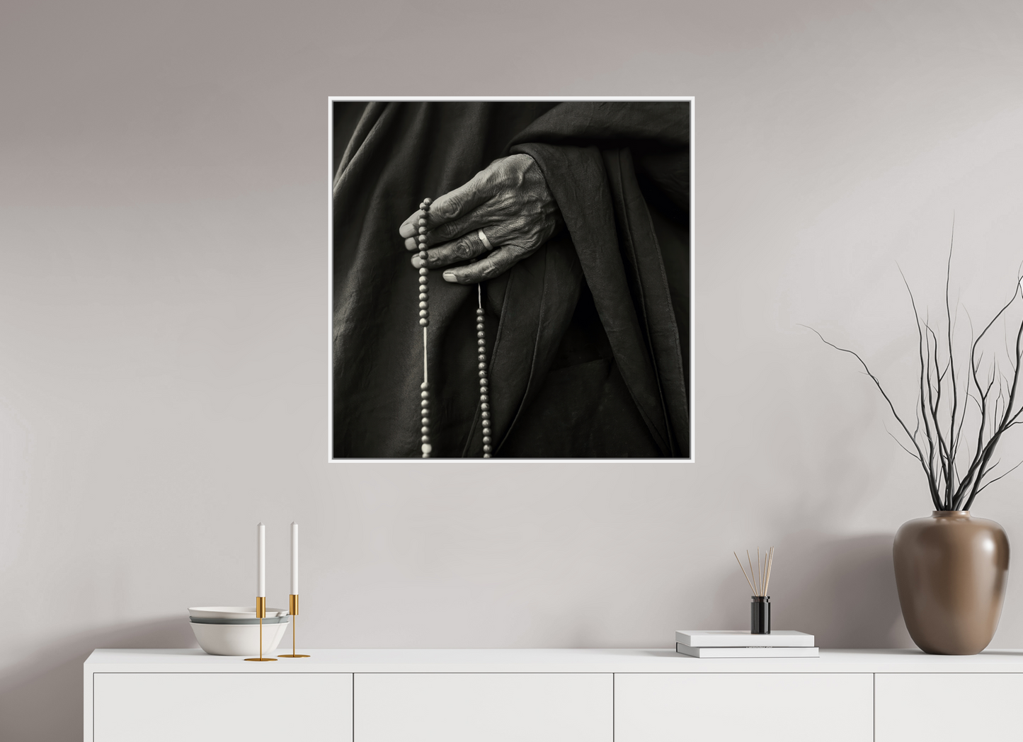 30 x 30″, White Matte Frame, No Border Tibetan Monk Hand with Prayer Beads