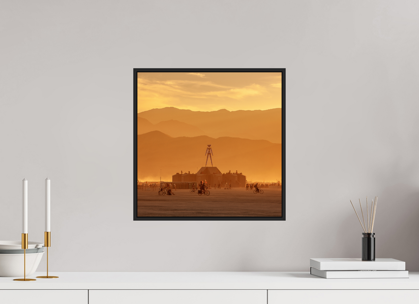 15 x 15″, Black Matte Frame, No Border Burning Man with Mountains