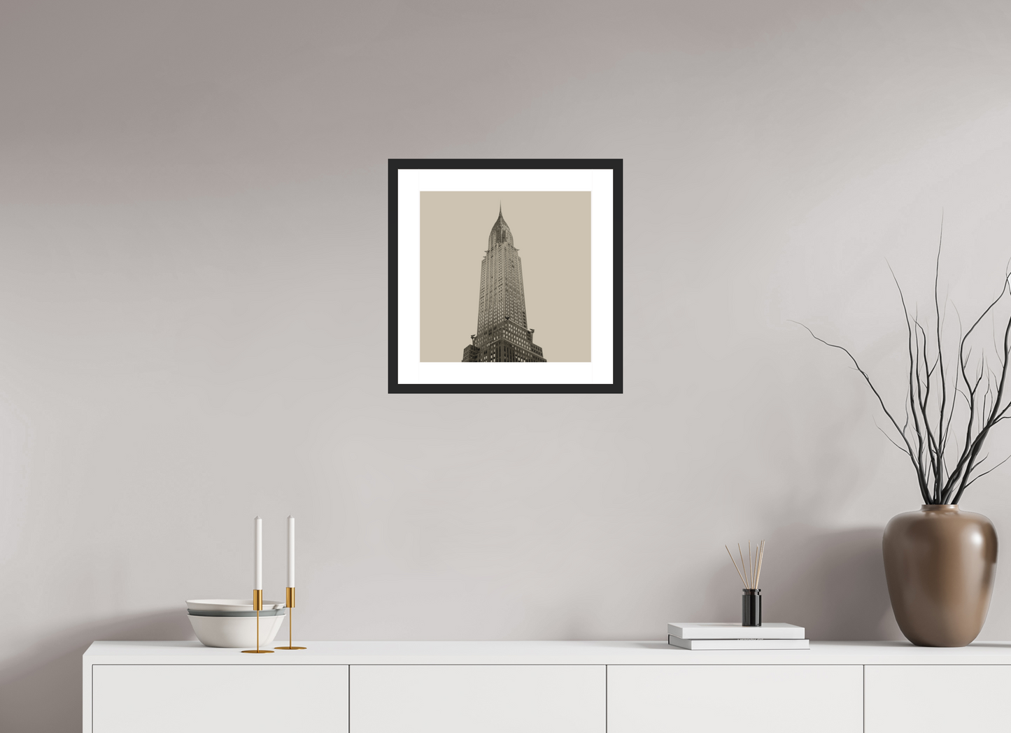 15 x 15″, Solid 0.8" Black Wood Frame With 2" Natural White Passe-Partout with Museum Glass Chrysler Building, NY