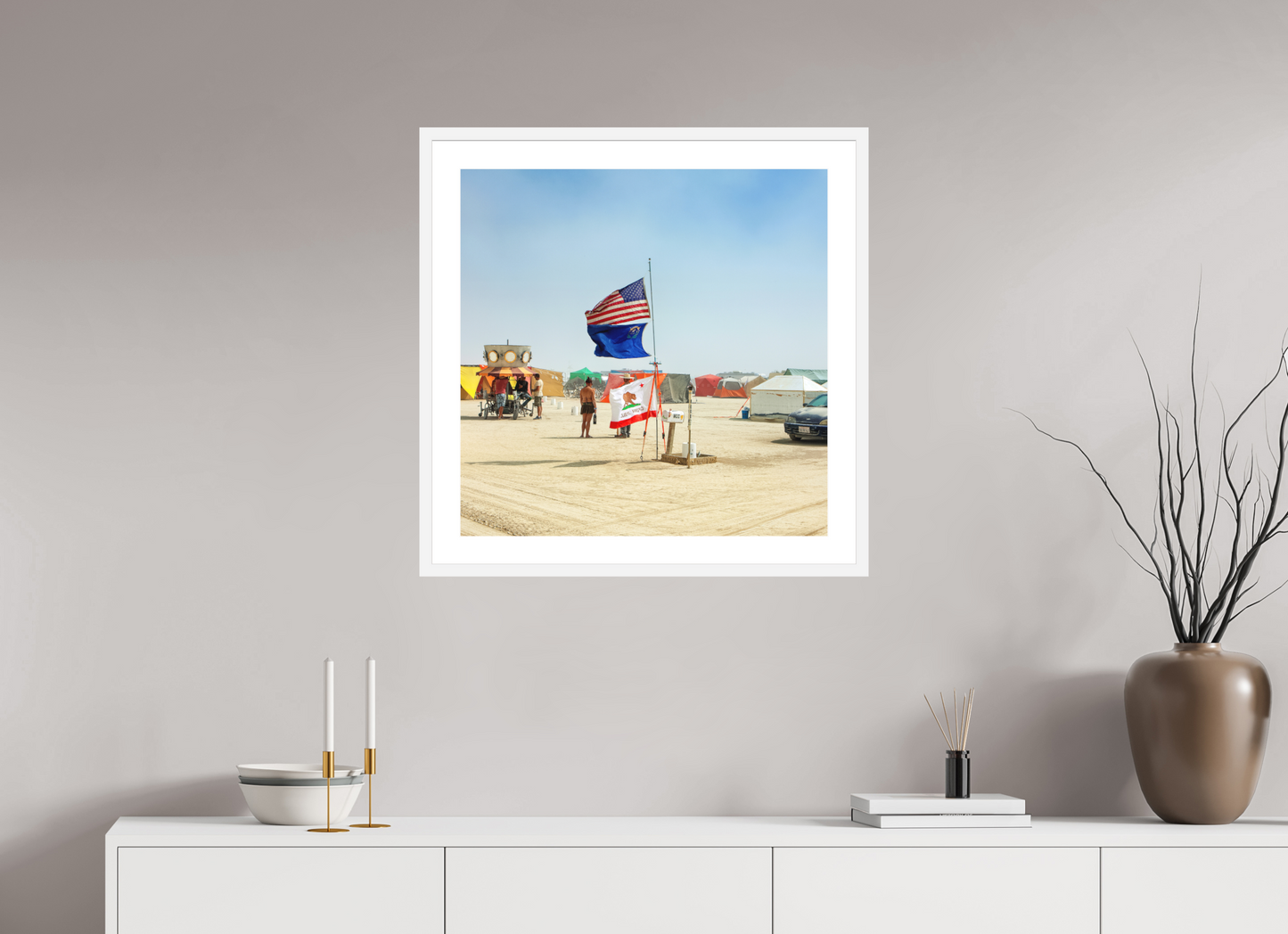 25 x 25″, Solid 0.8" White Wood Frame With 2" Natural White Passe-Partout with Museum Glass Burning Man - Woman with Flags (square format)