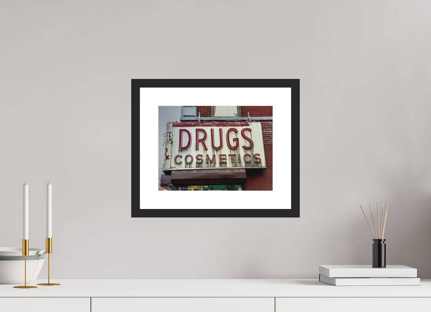 12 x 9″, Solid 0.8" Black Wood Frame With 2" Natural White Passe-Partout with Museum Glass Drug Cosmetics Sign