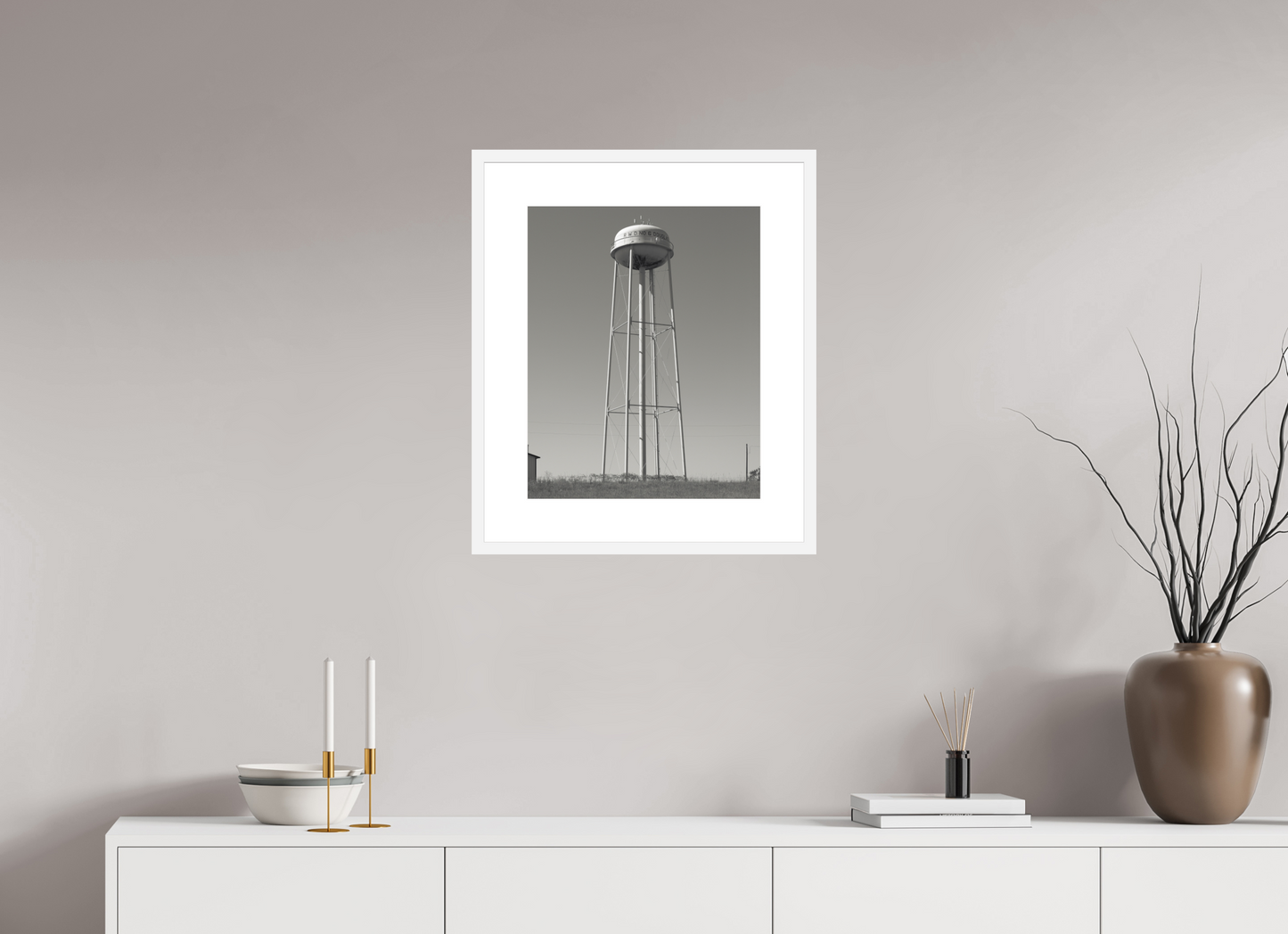 16 x 20″, Solid 0.8" White Wood Frame With 3" Natural White Passe-Partout with Museum Glass Water Tower  RWD No. 6