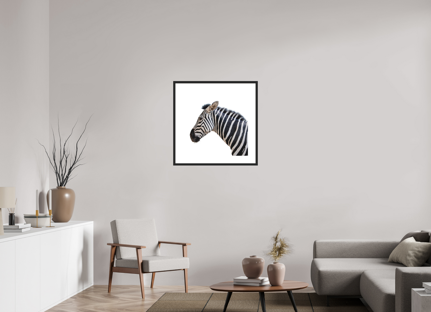 25 x 25″, Solid 0.8" Black Wood Frame With 3" Natural White Passe-Partout with Museum Glass Zebra