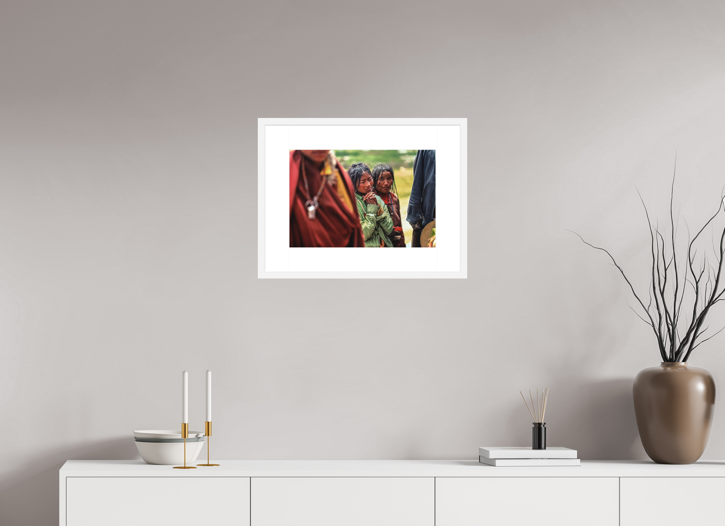 17.8 x 12″, Solid 0.8" White Wood Frame With 3" Natural White Passe-Partout with Museum Glass Tibetan Girl in Green Jacket