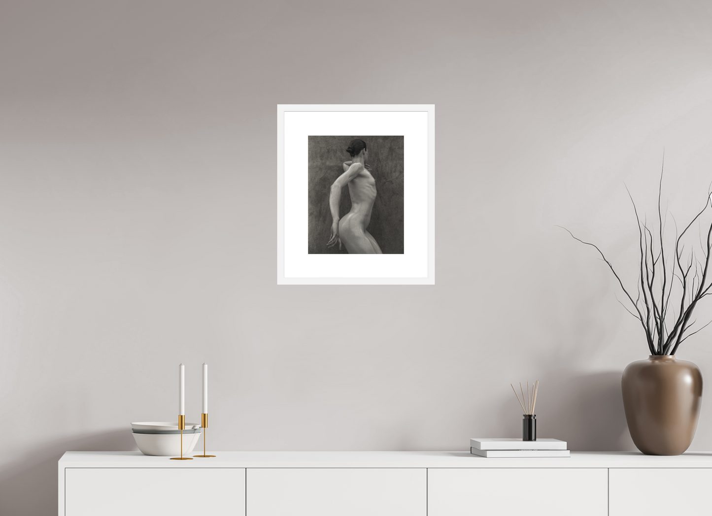 12 x 14.8″, Solid 0.8" White Wood Frame With 3" Natural White Passe-Partout with Museum Glass Nude No. 44