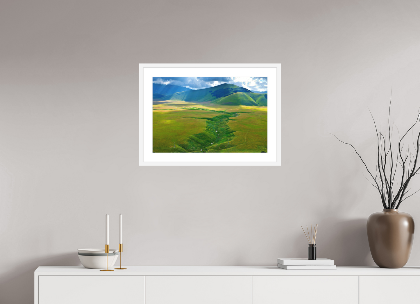 24 x 16″, Solid 0.8" White Wood Frame With 2" Natural White Passe-Partout with Museum Glass Semplicemente Umbria
