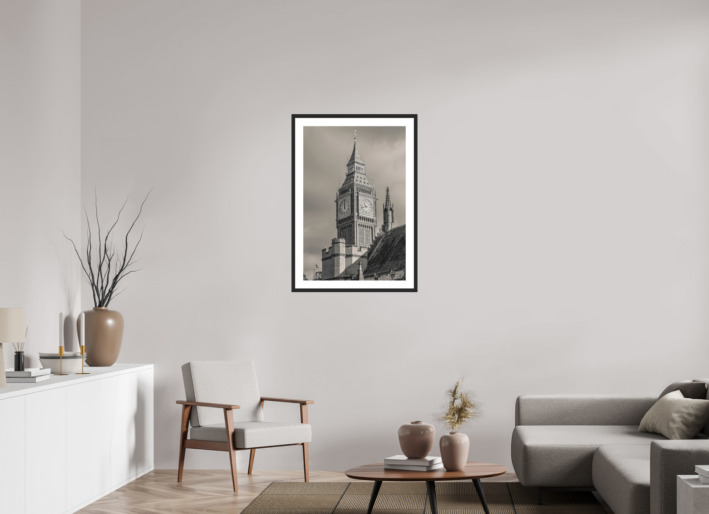 24 x 36″, Solid 0.8" Black Wood Frame With 2" Natural White Passe-Partout with Museum Glass Big Ben