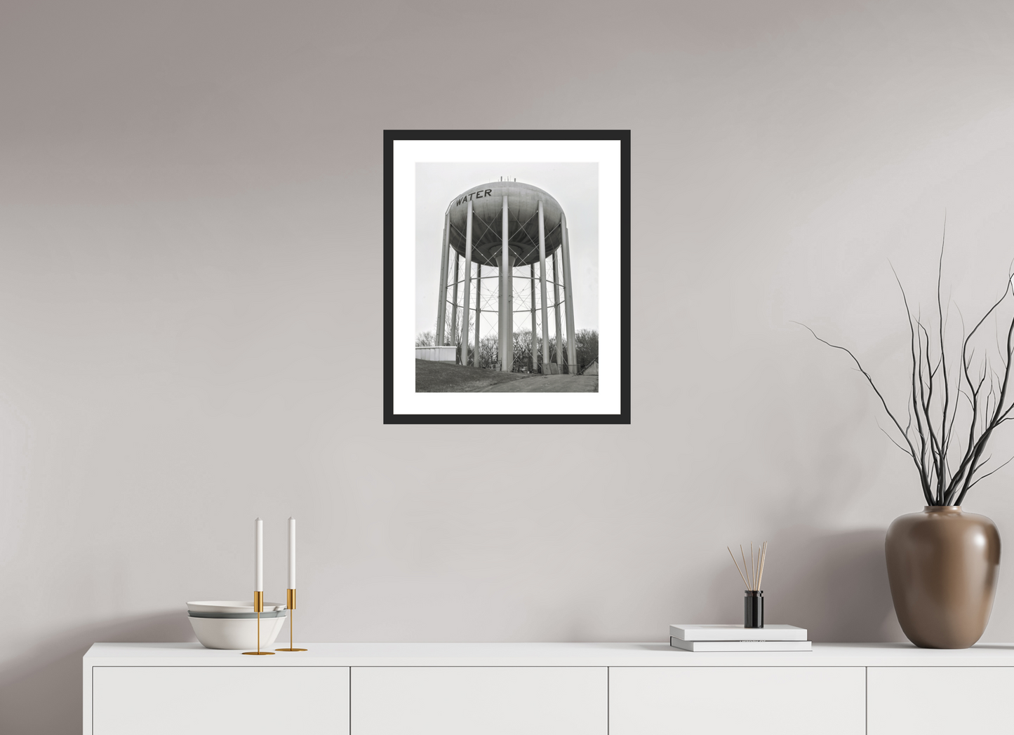 16 x 20″, Solid 0.8" Black Wood Frame With 2" Natural White Passe-Partout with Museum Glass Grey Water Tower